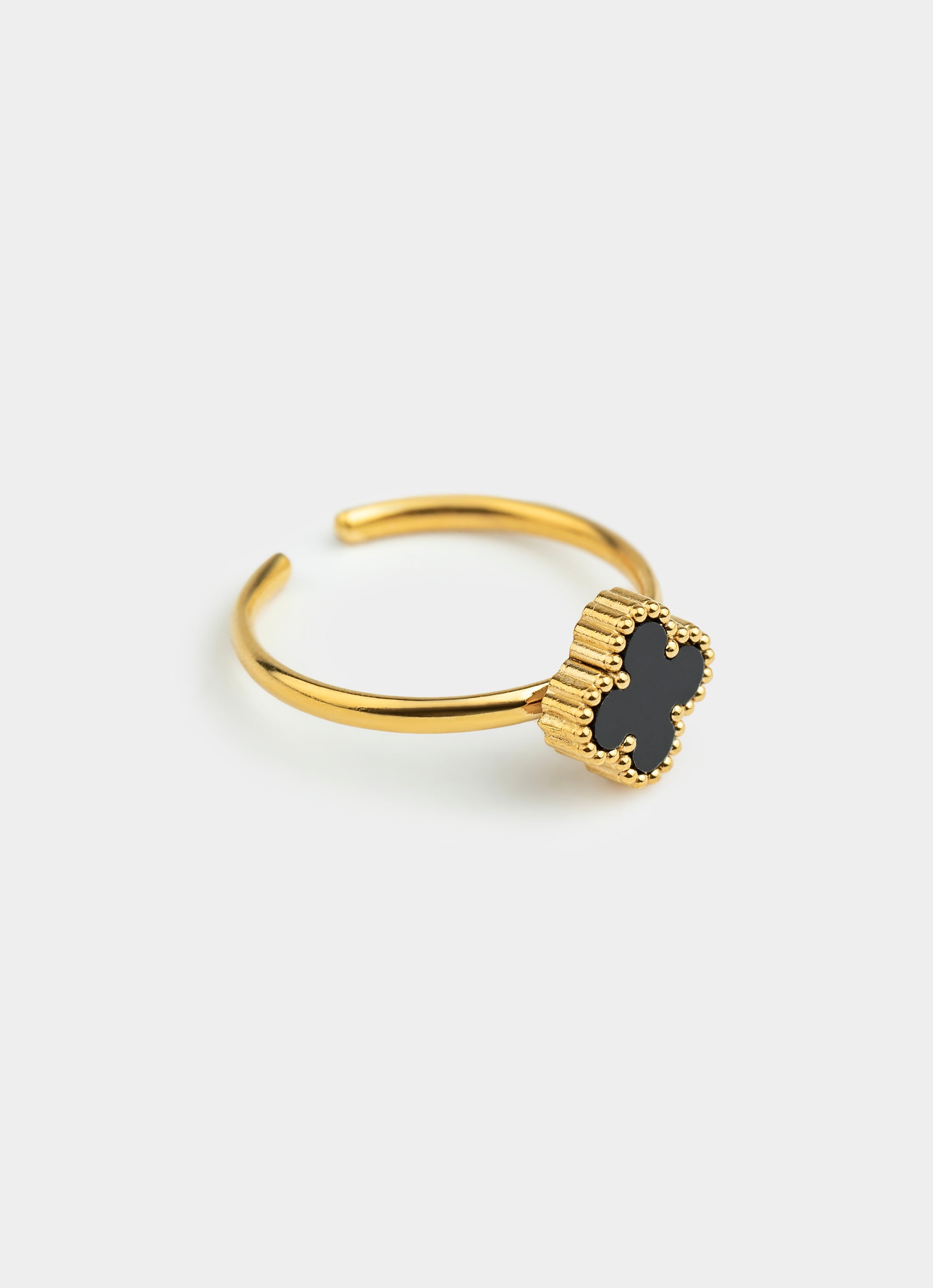 Four Leaf Clover Black Adjustable Ring - 18K Gold Plated