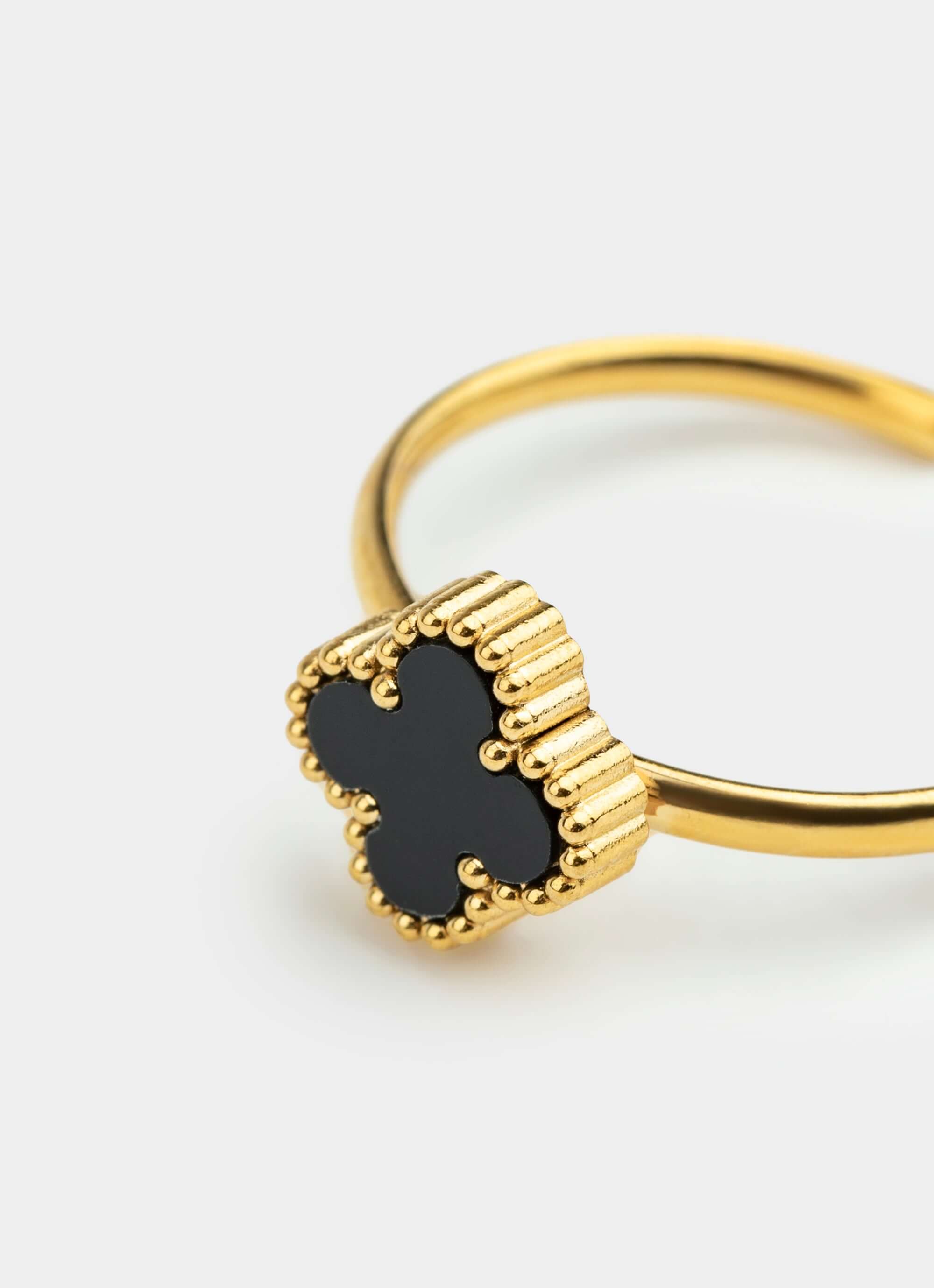 Four Leaf Clover Black Adjustable Ring - 18K Gold Plated