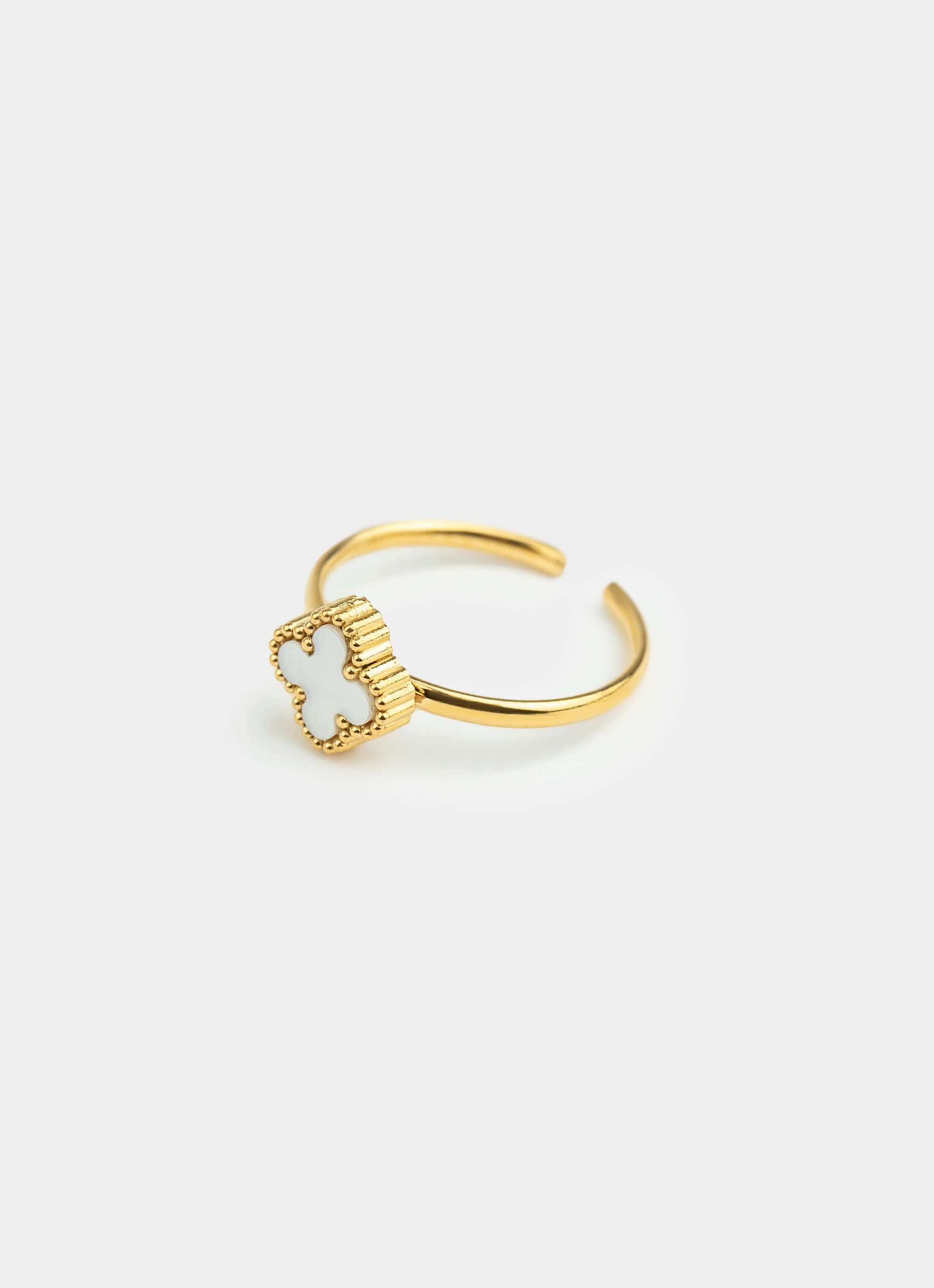 Four Leaf Clover White Adjustable Ring - 18K Gold Plated