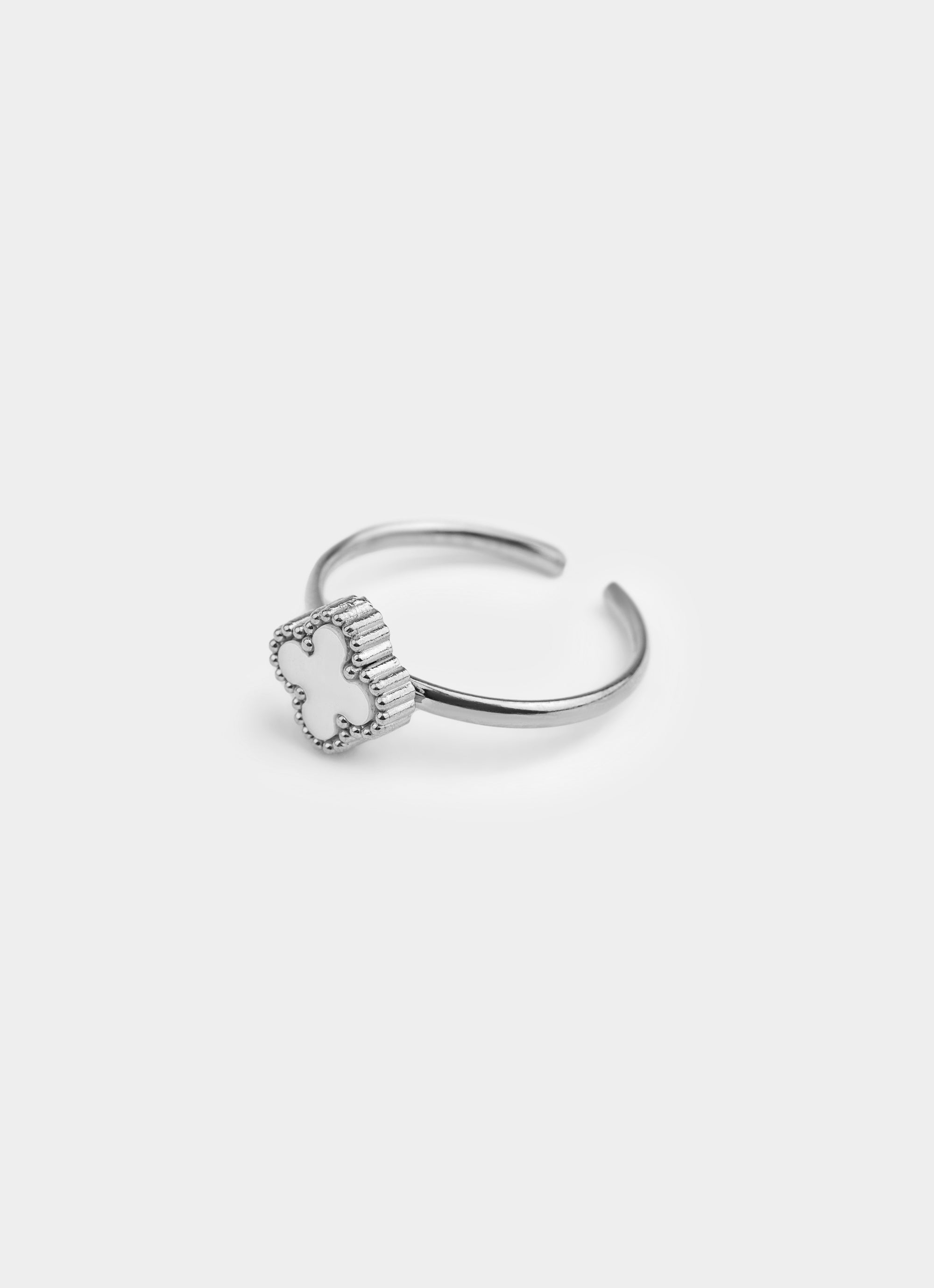 White 4 Leaf Clover Adjustable Ring - Stainless Steel