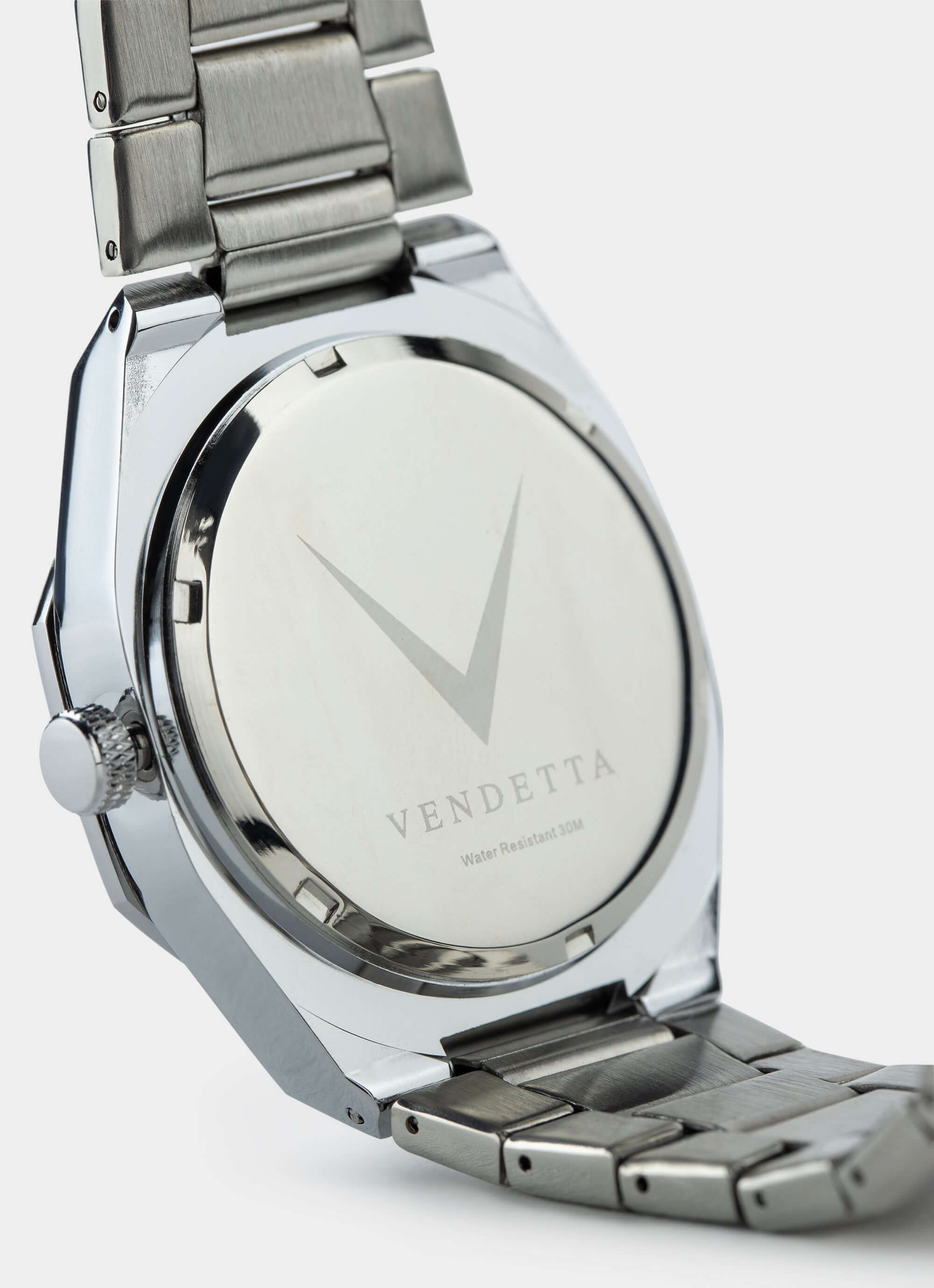 stainless steel watch – silver back view – Vendetta Jewellery