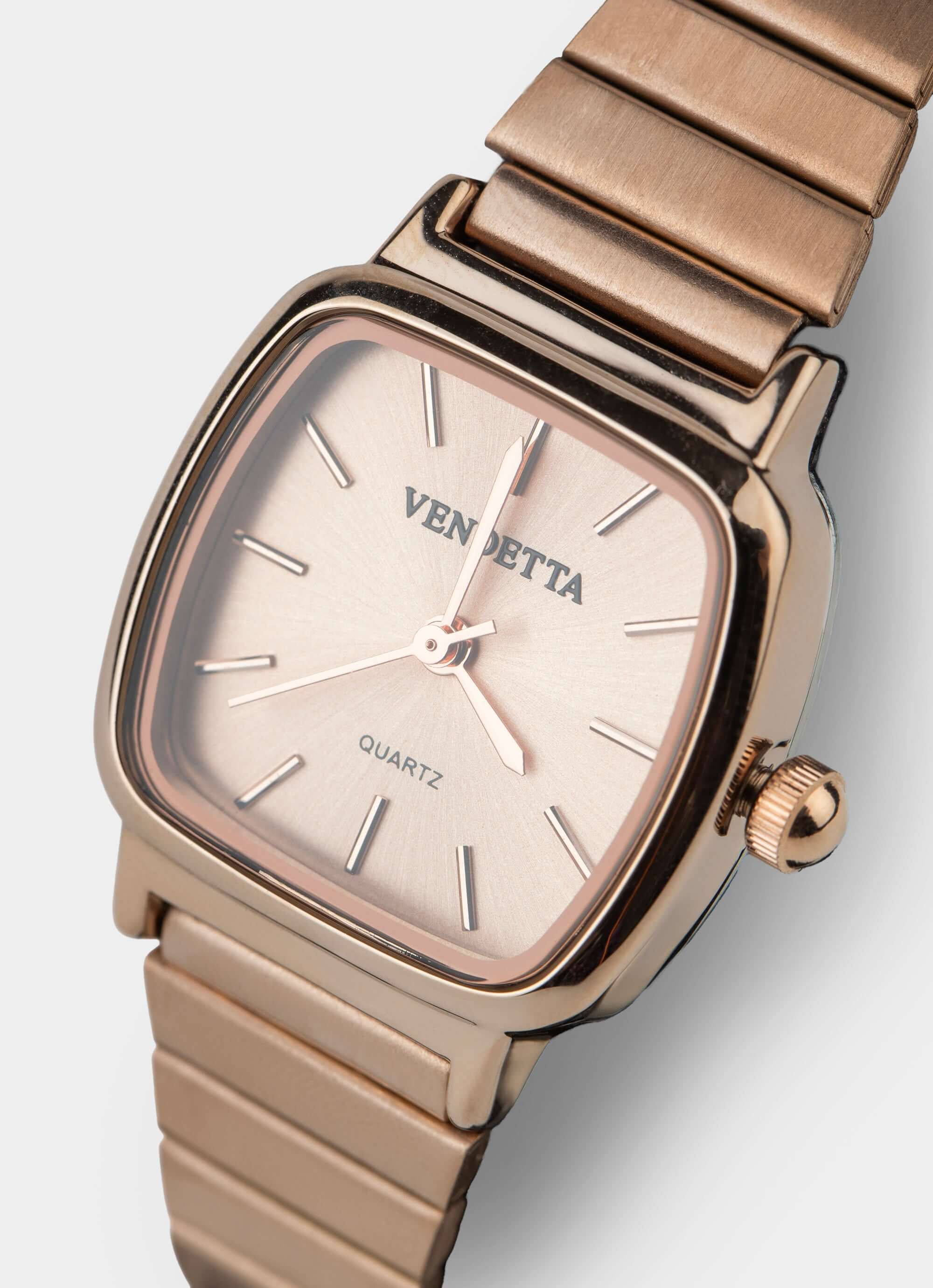 Rose gold watch – square face with quartz movement – Vendetta Jewellery