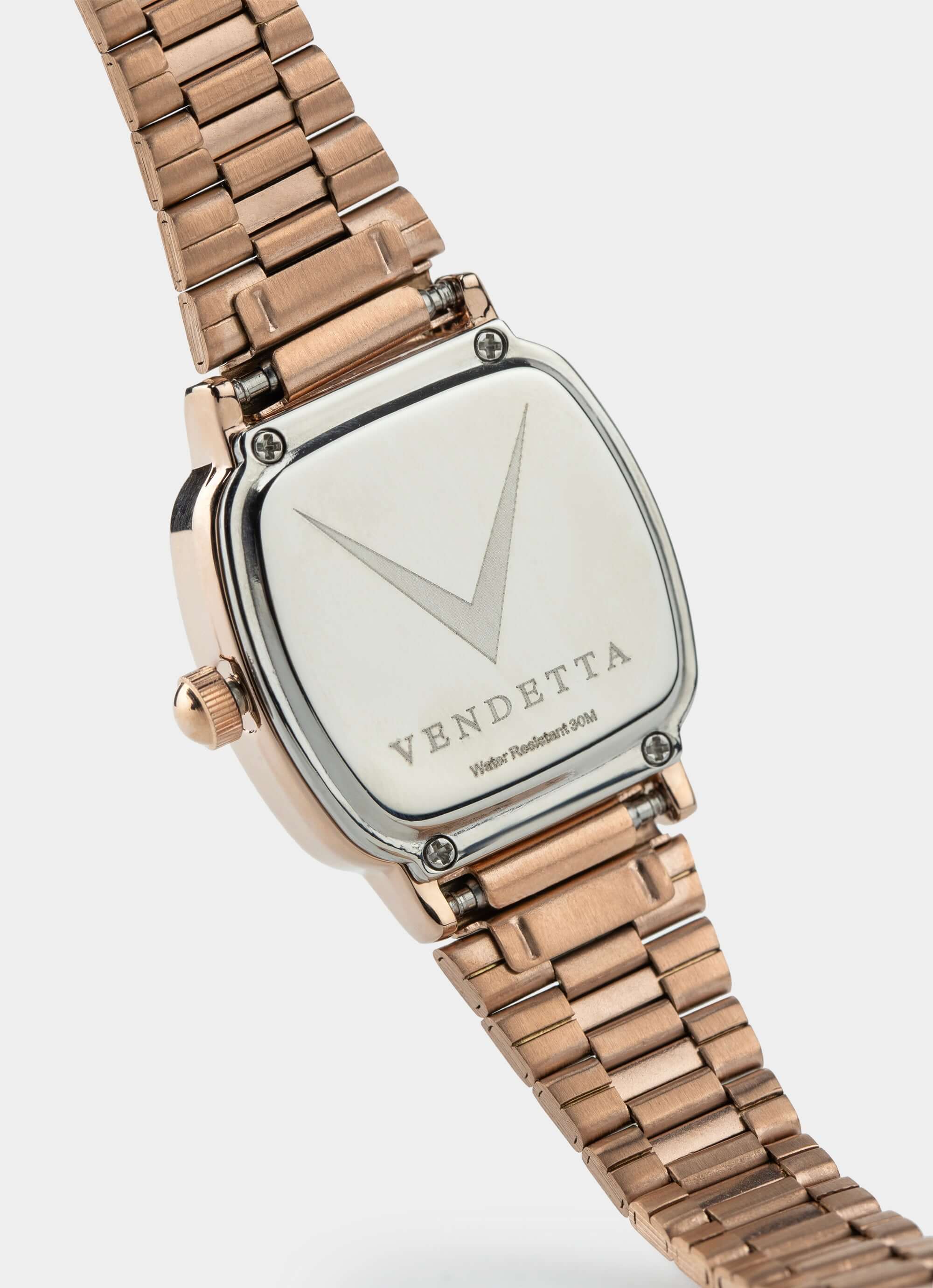 stainless steel watch – rose gold back view – Vendetta Jewellery