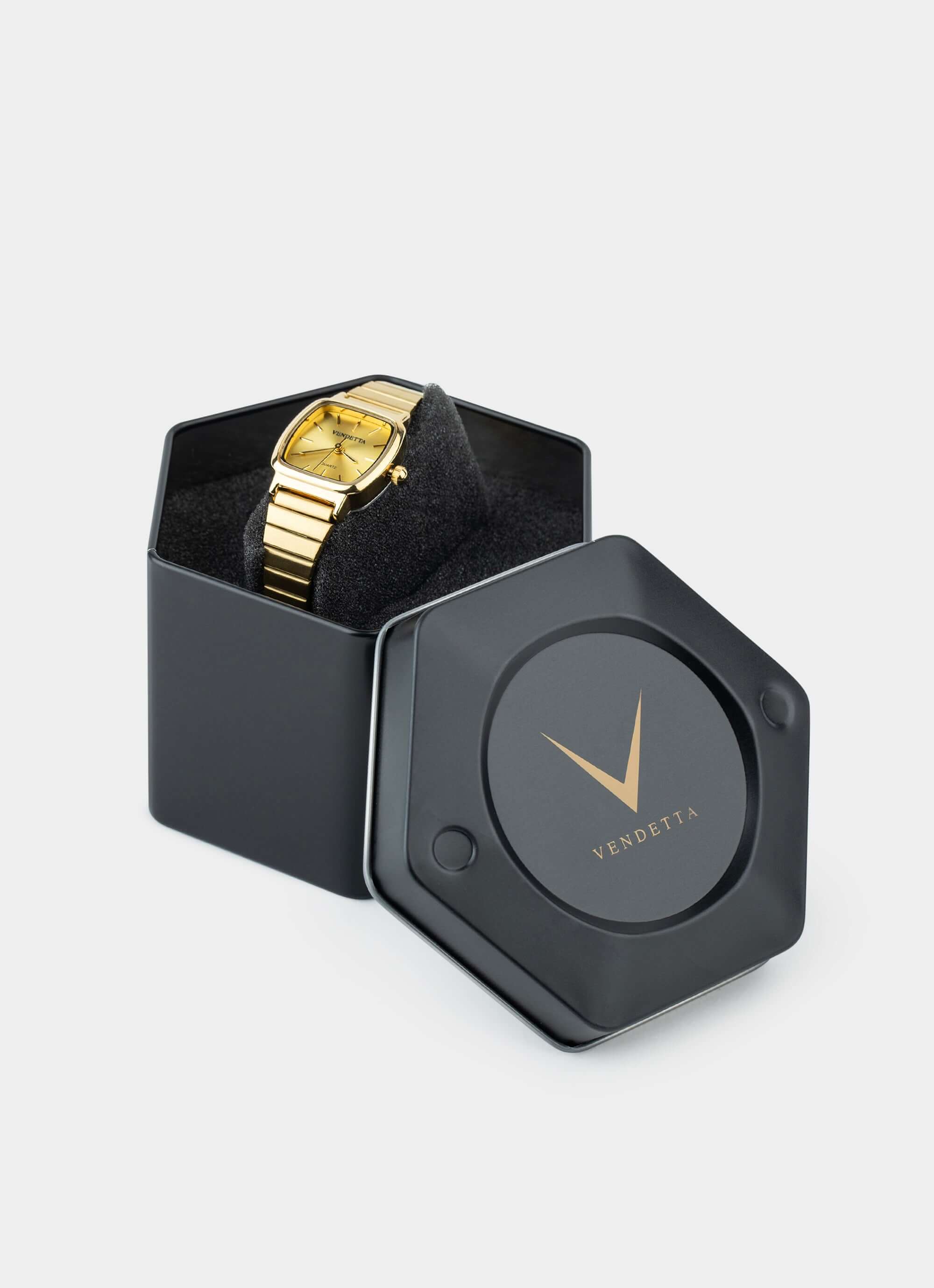 gold watch in black hexagon box – Camille Watch - Gold – Vendetta Jewellery