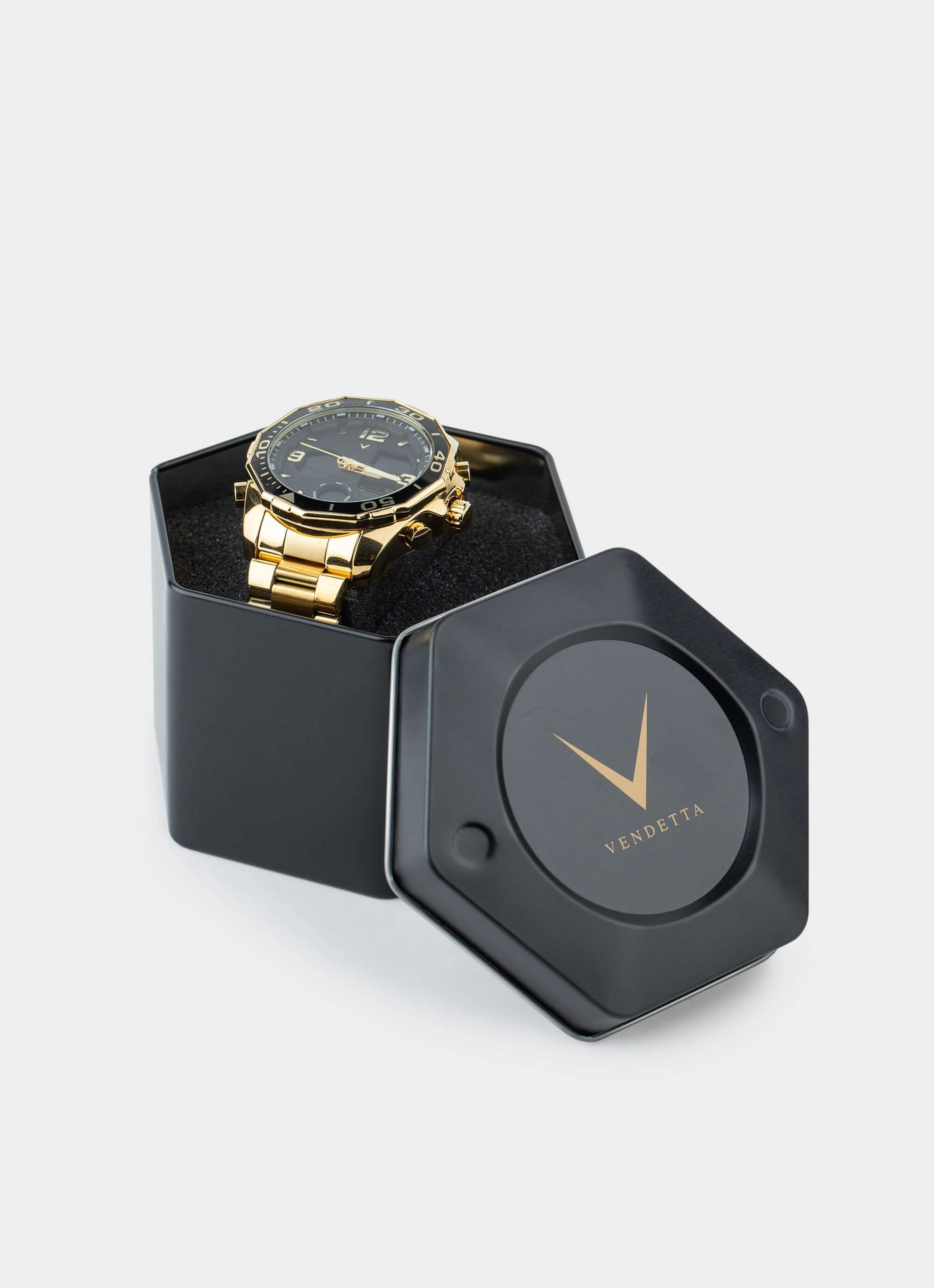 stainless steel watch – gold/black color in box – Vendetta Jewellery