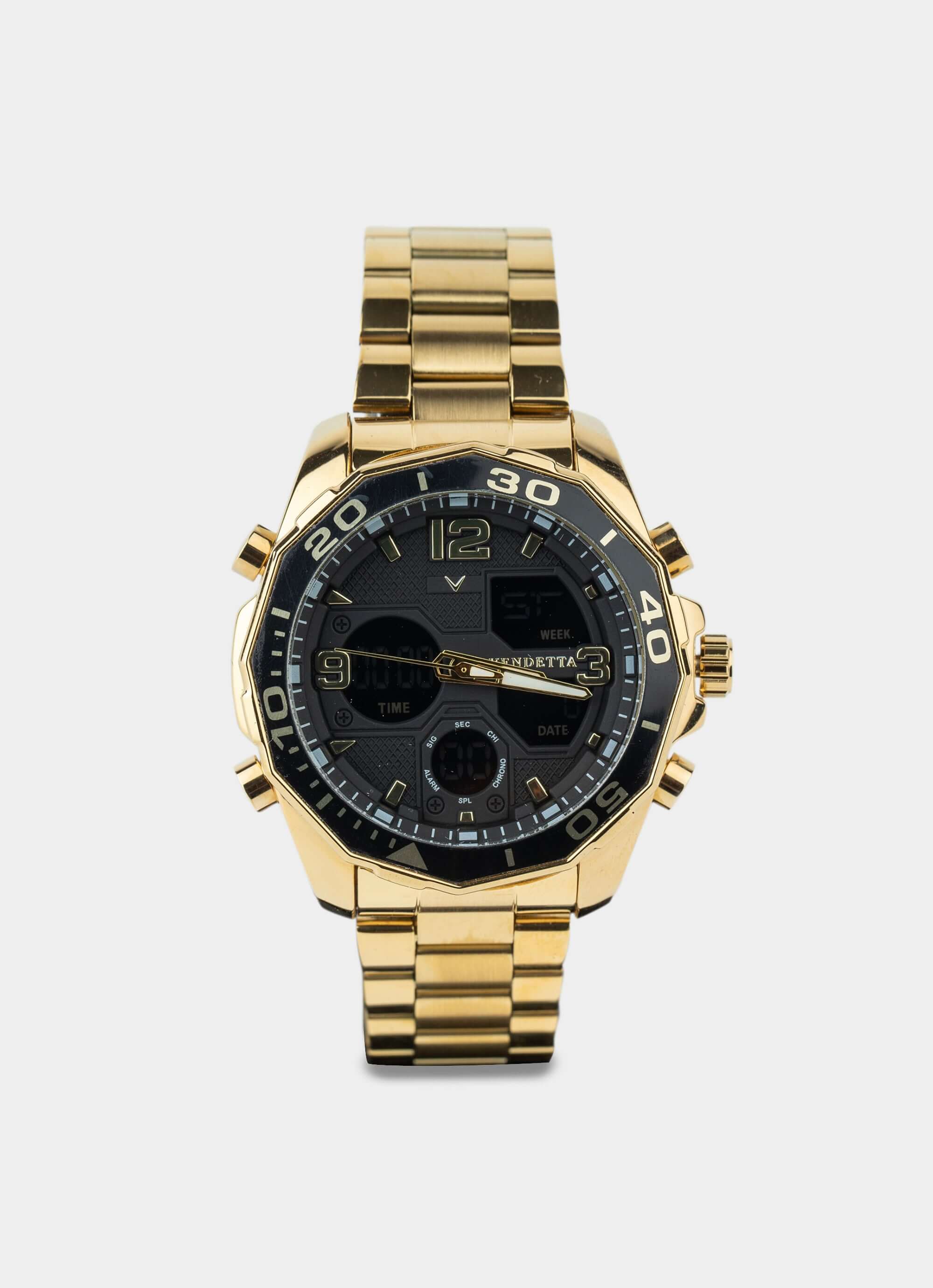 stainless steel watch – gold and black face – Vendetta Jewellery
