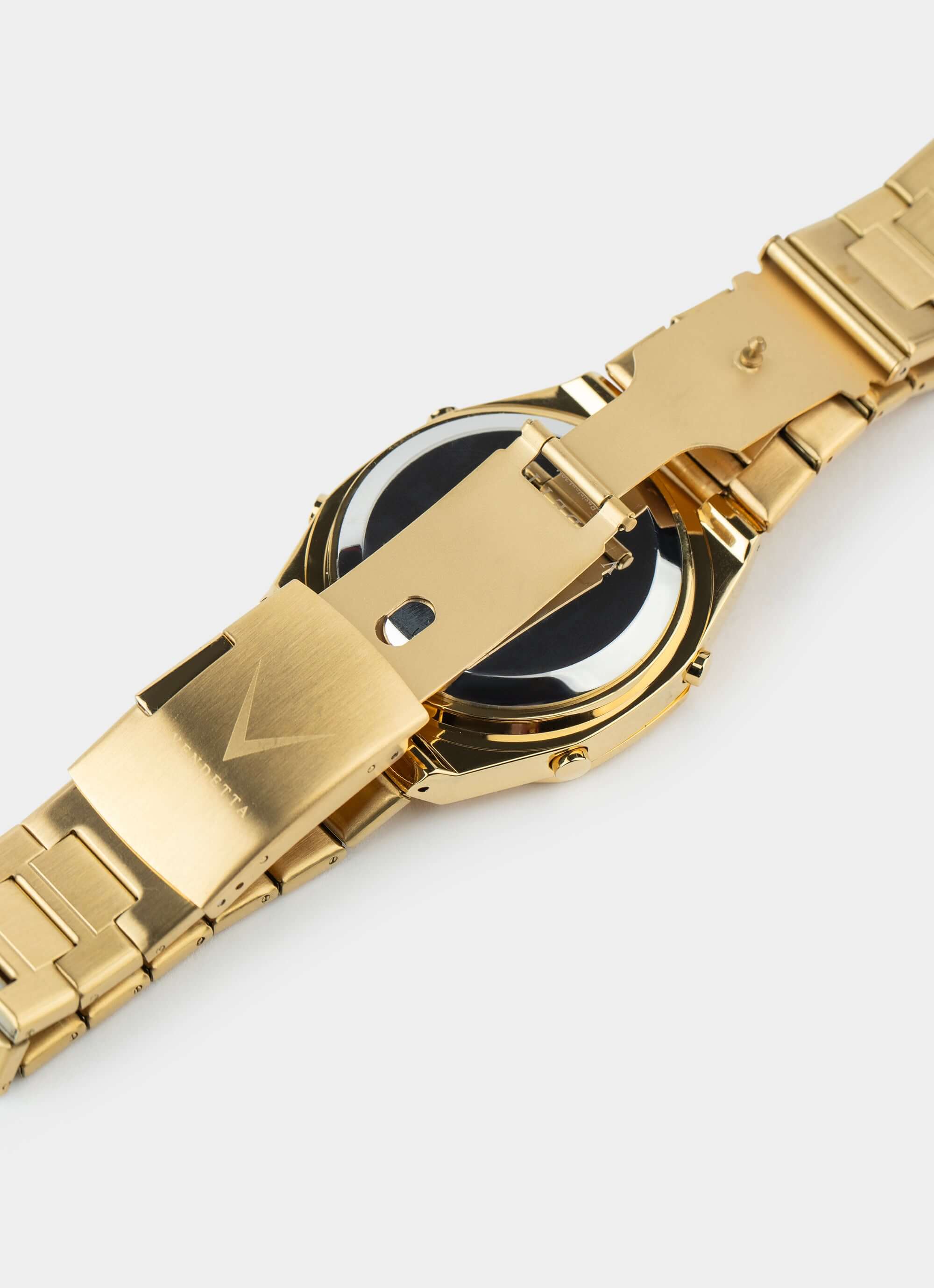 Stainless steel watch – black and gold back view – Vendetta Jewellery