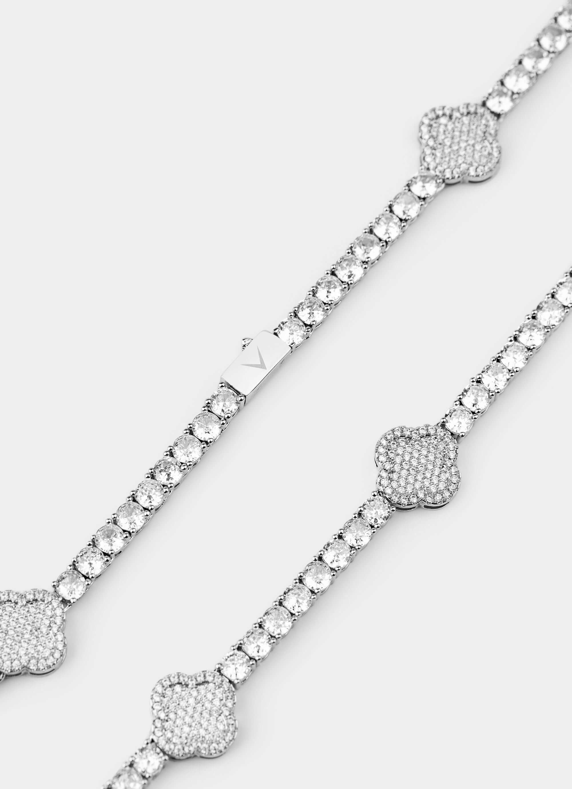 Palladium plated Four Leaf Tennis Necklace – detailed design – Vendetta Jewellery