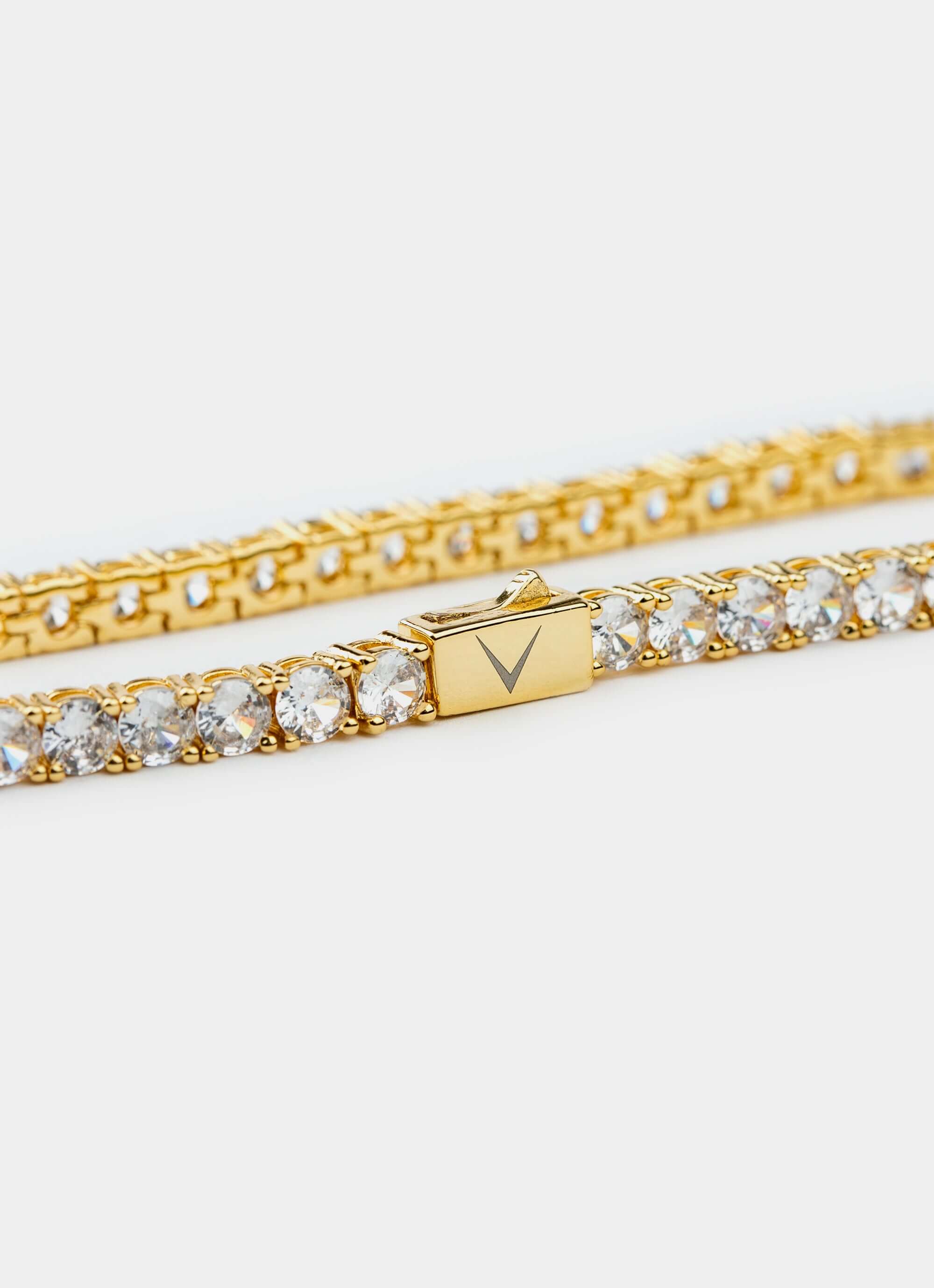 18k gold plated tennis bracelet – 8'' length, 4mm width – Vendetta Jewellery