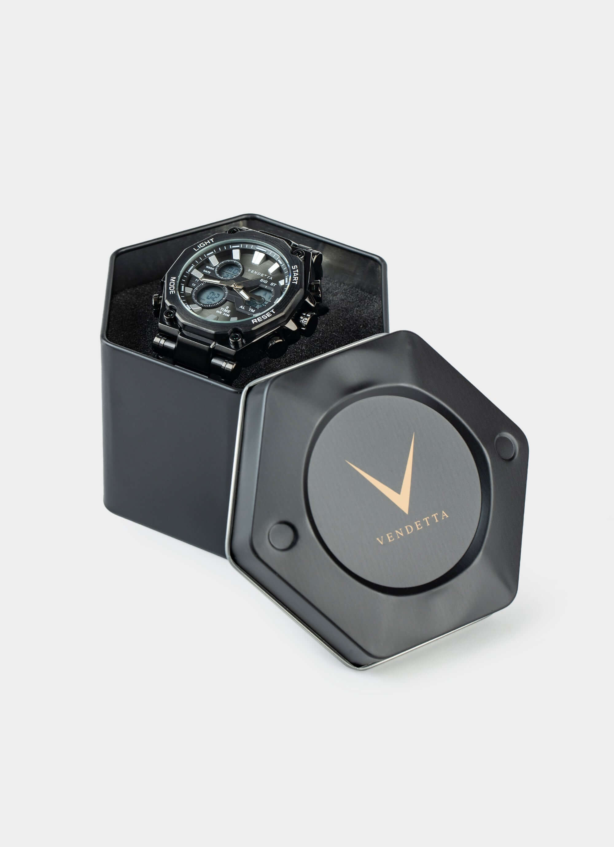 Alloy watch – displayed in hexagon box – Vendetta Jewellery