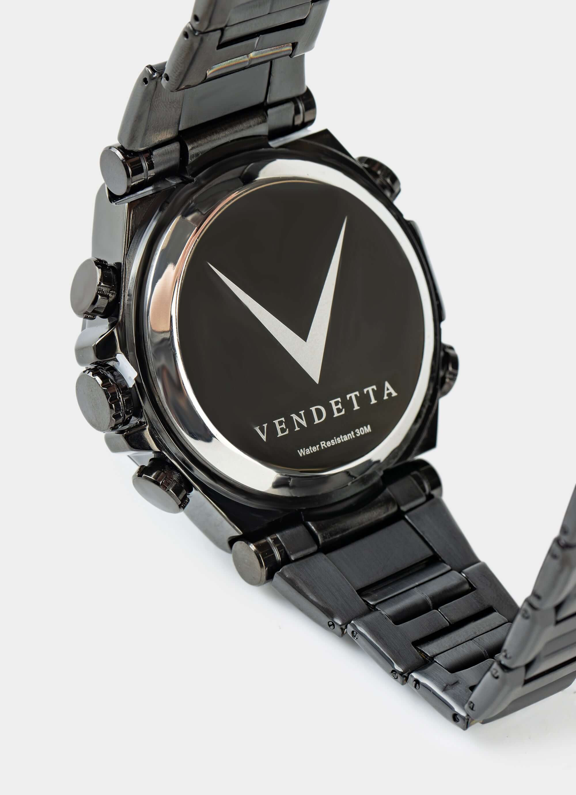 Stainless steel watch – Black back view – Vendetta Jewellery