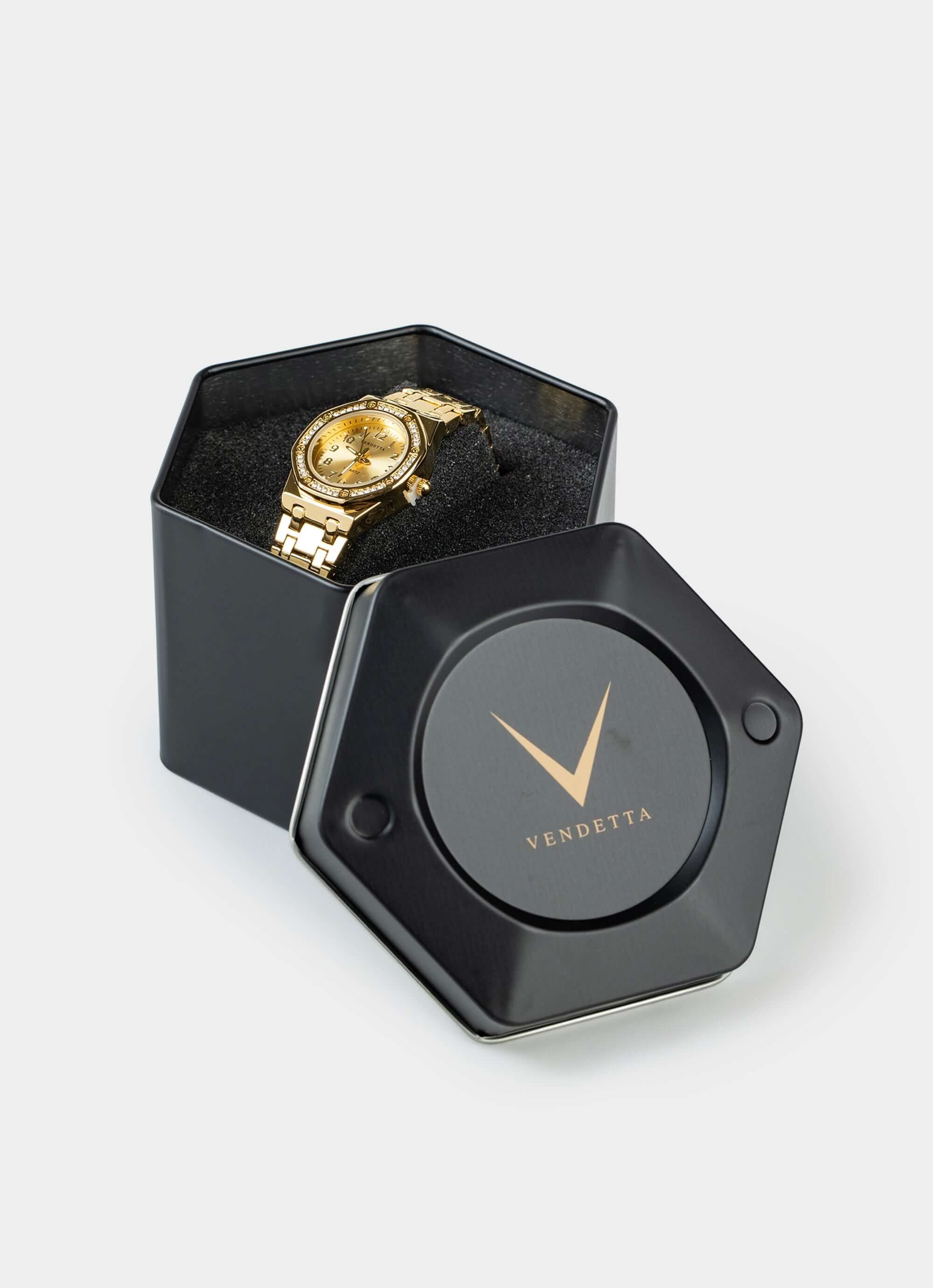 Gold watch in black hexagonal box – Auria Watch - Gold – Vendetta Jewellery