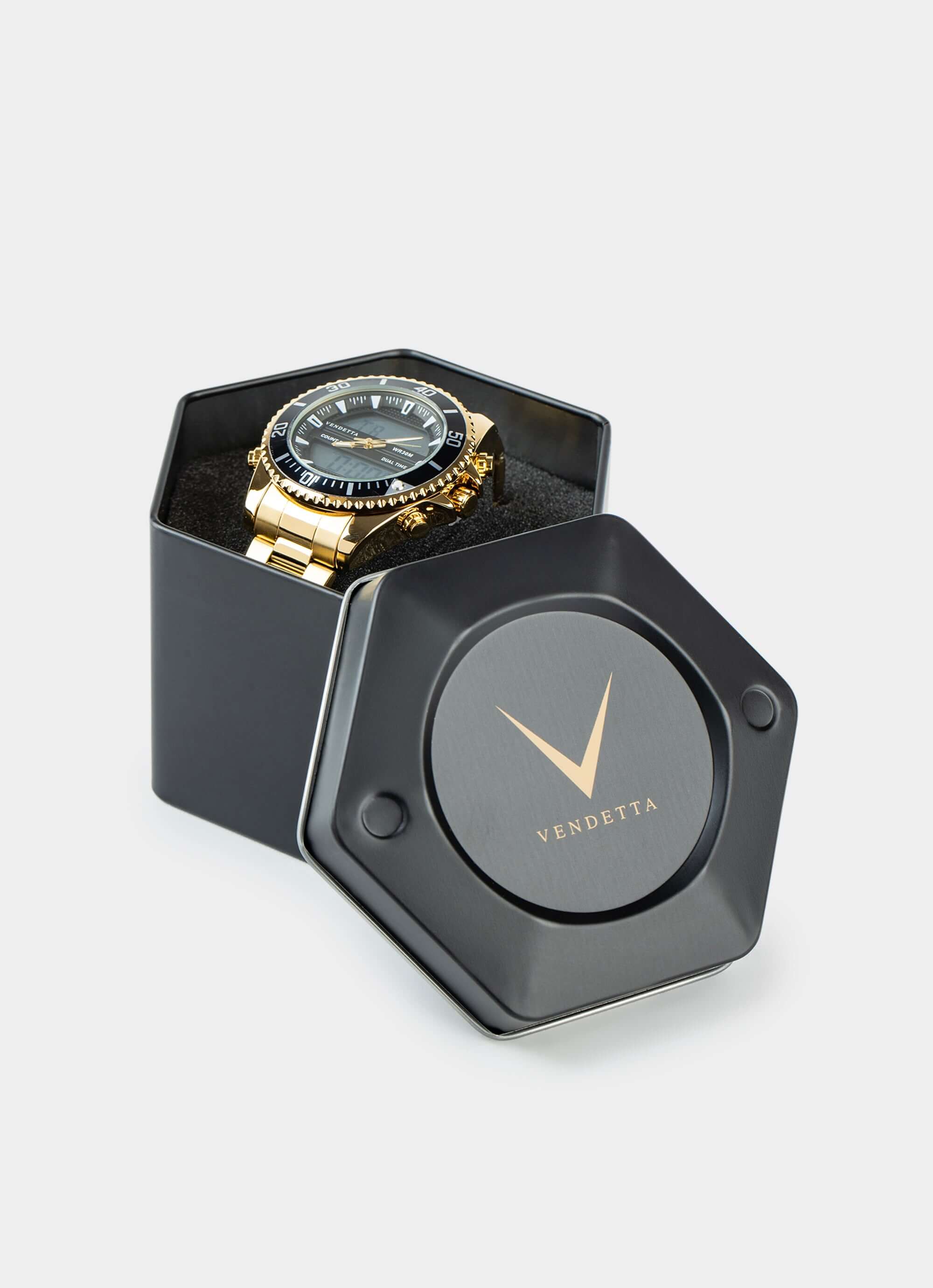Gold/Black watch in hexagonal box – Strikepoint Watch - Gold/Black – Vendetta Jewellery