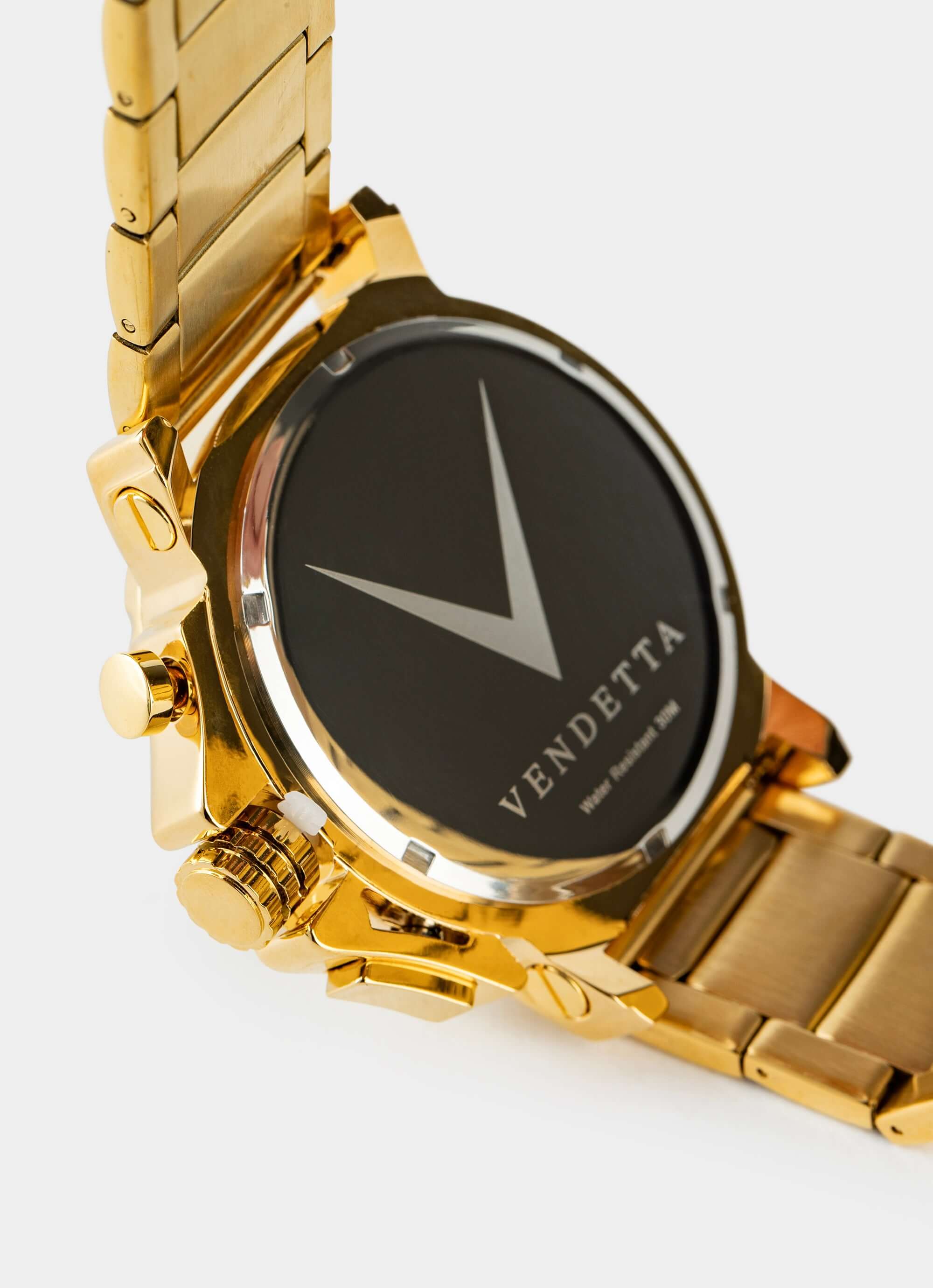gold watch – black dial and stainless steel band – Vendetta Jewellery