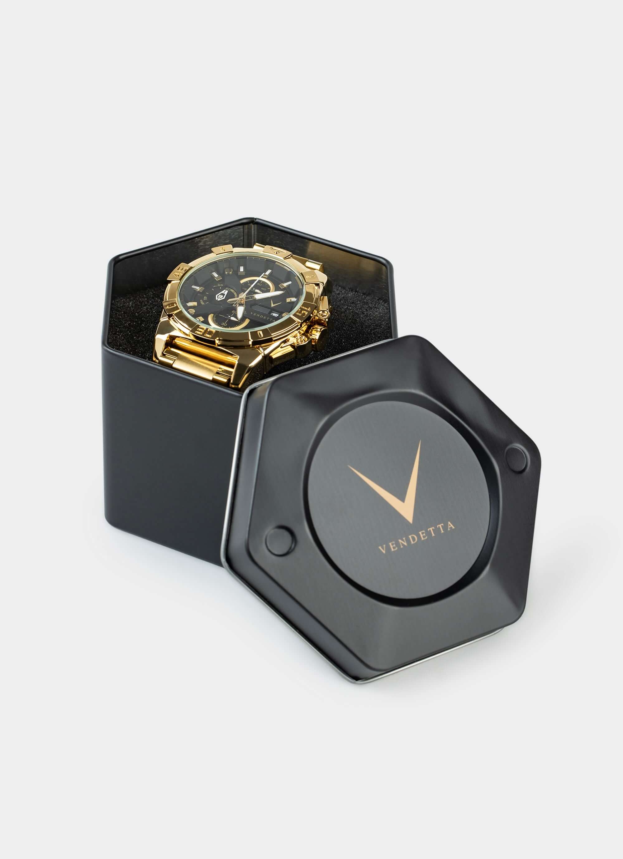 Watch in black hexagonal box – Sentinel Watch - Gold/Black – Vendetta Jewellery