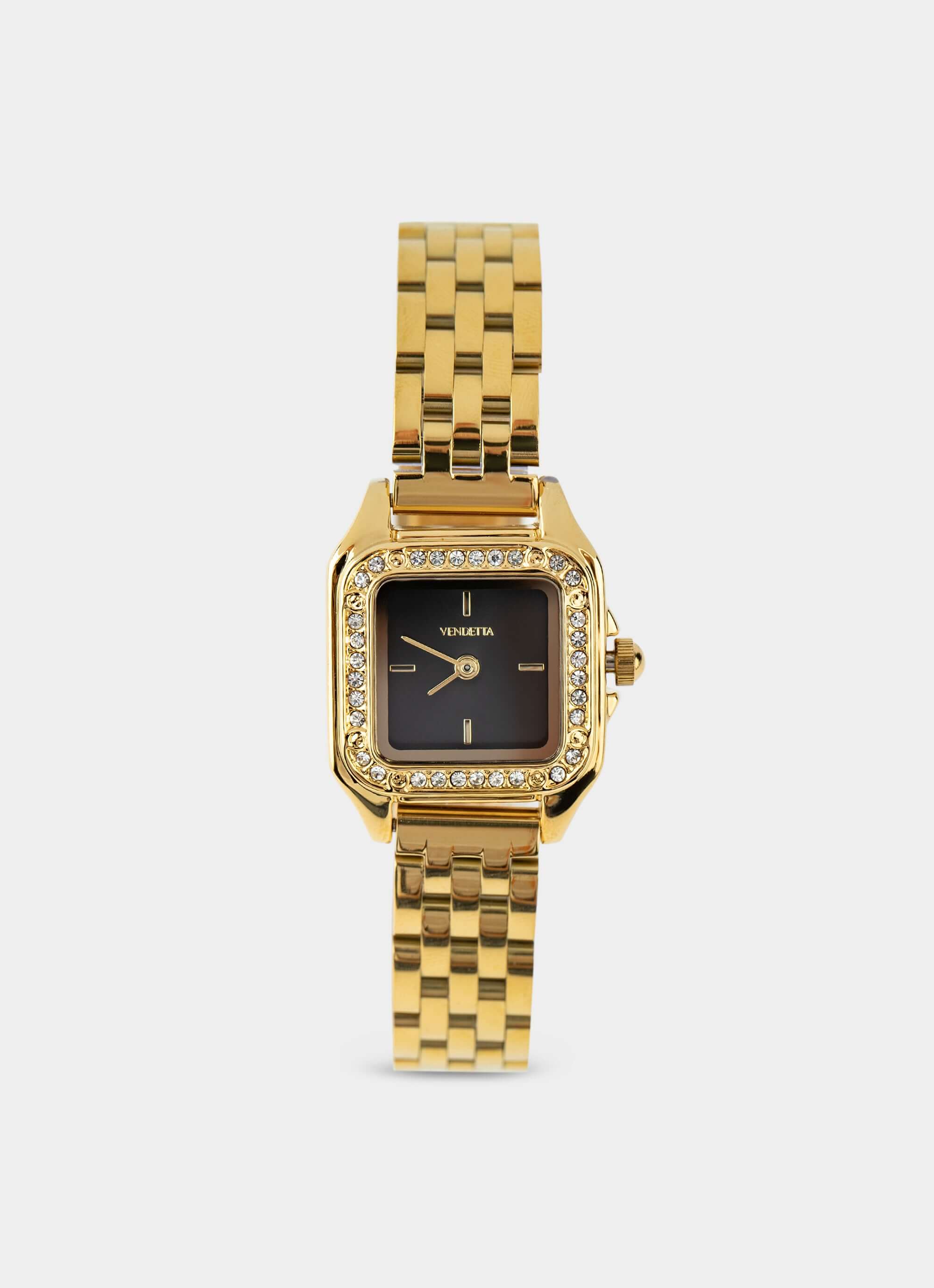 Gold watch – black face with diamonds – Vendetta Jewellery