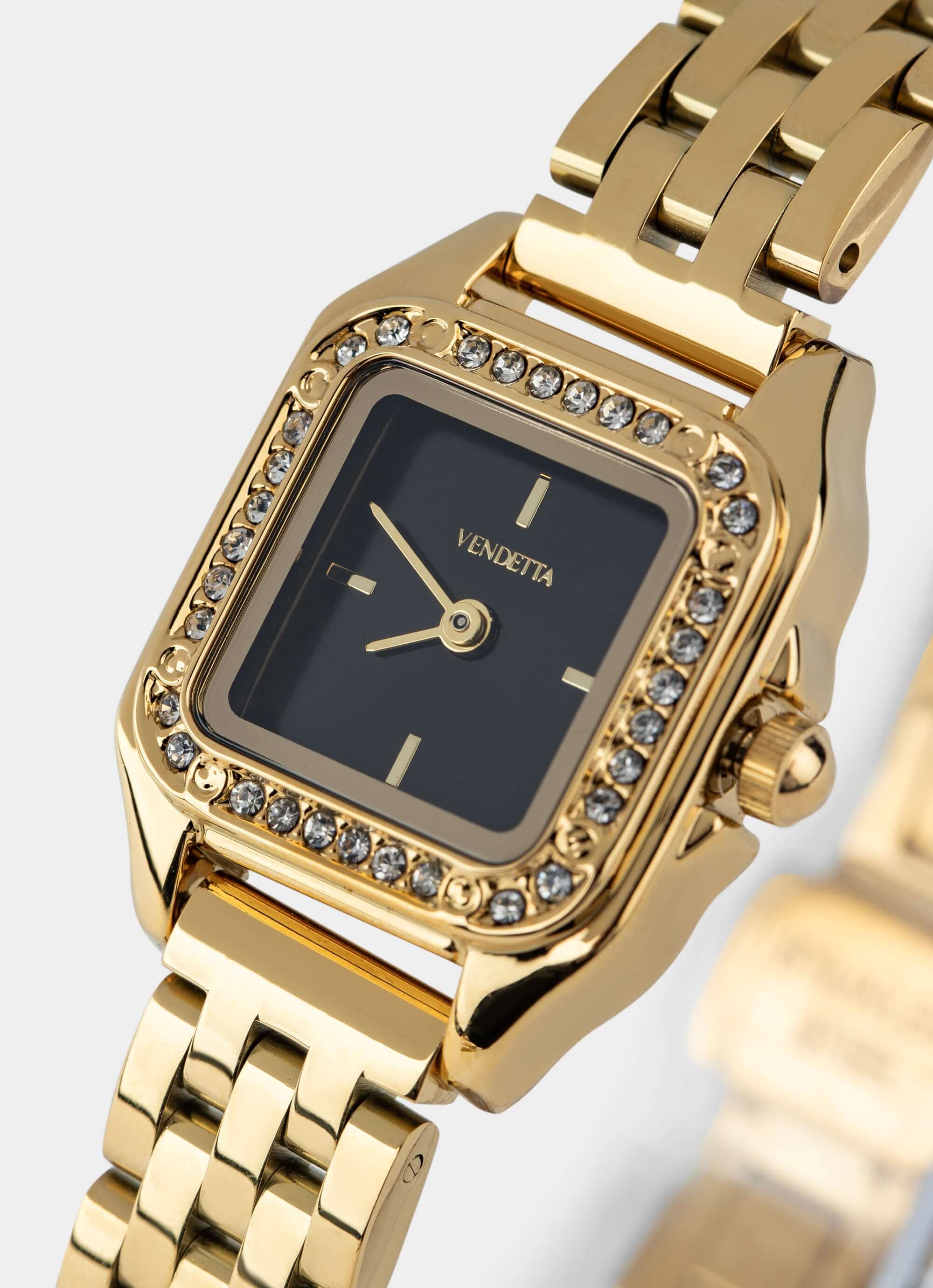 gold watch – square face with stones – Vendetta Jewellery