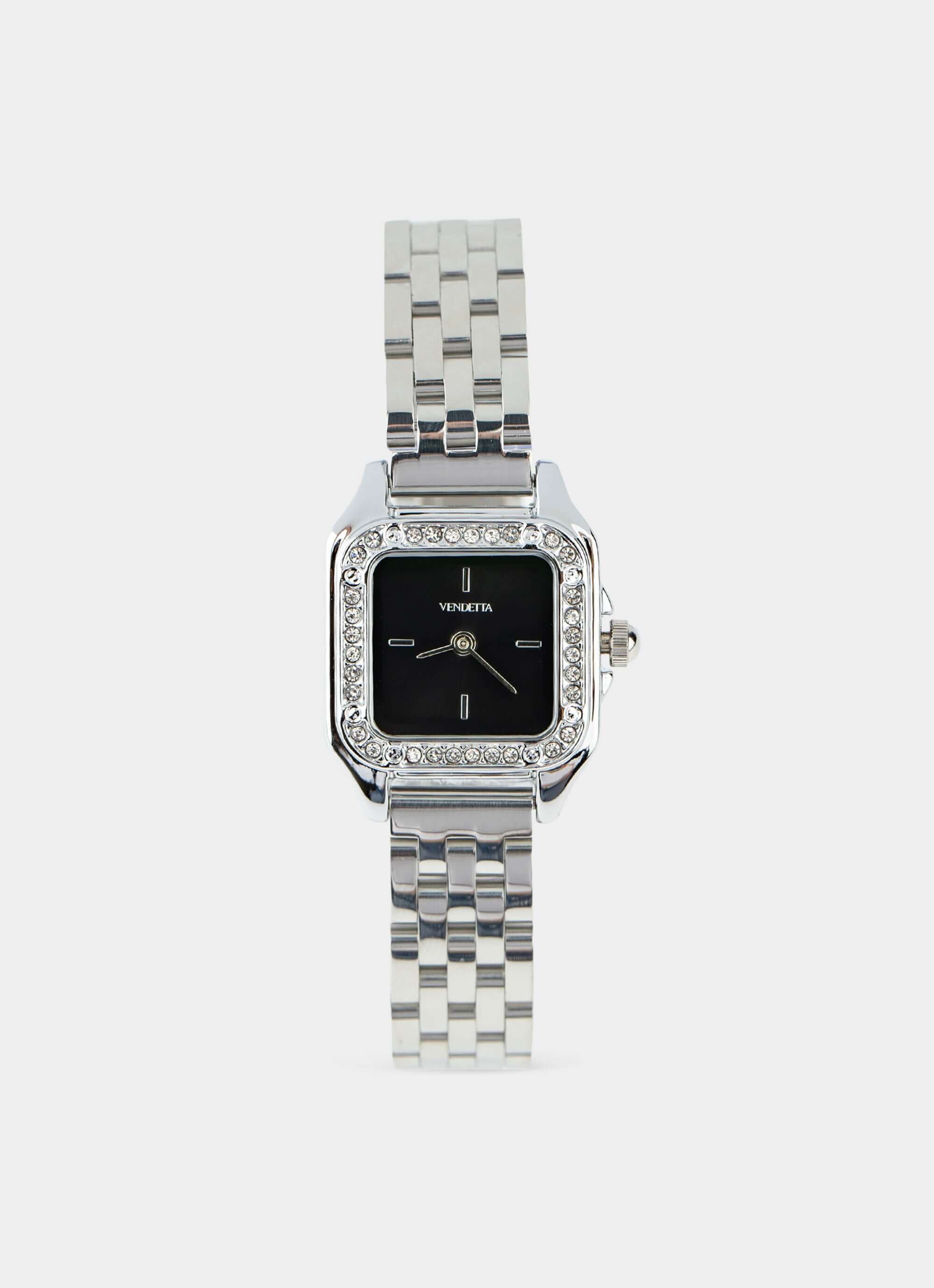 silver watch – square face with crystals – Vendetta Jewellery