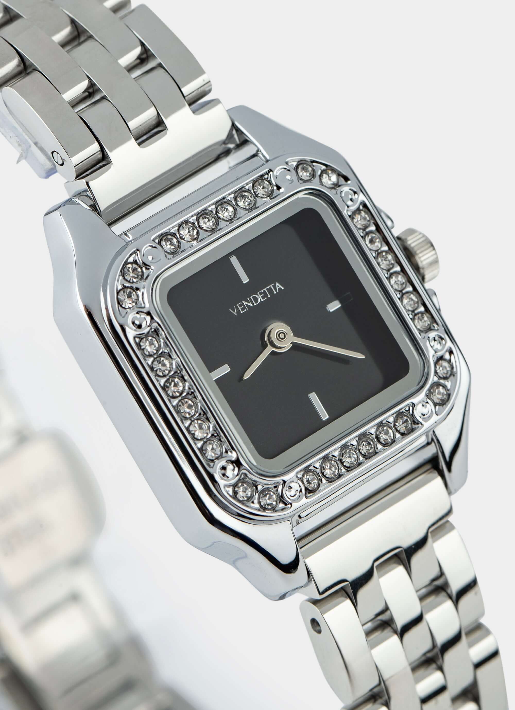 silver watch – square face with rhinestones – Vendetta Jewellery