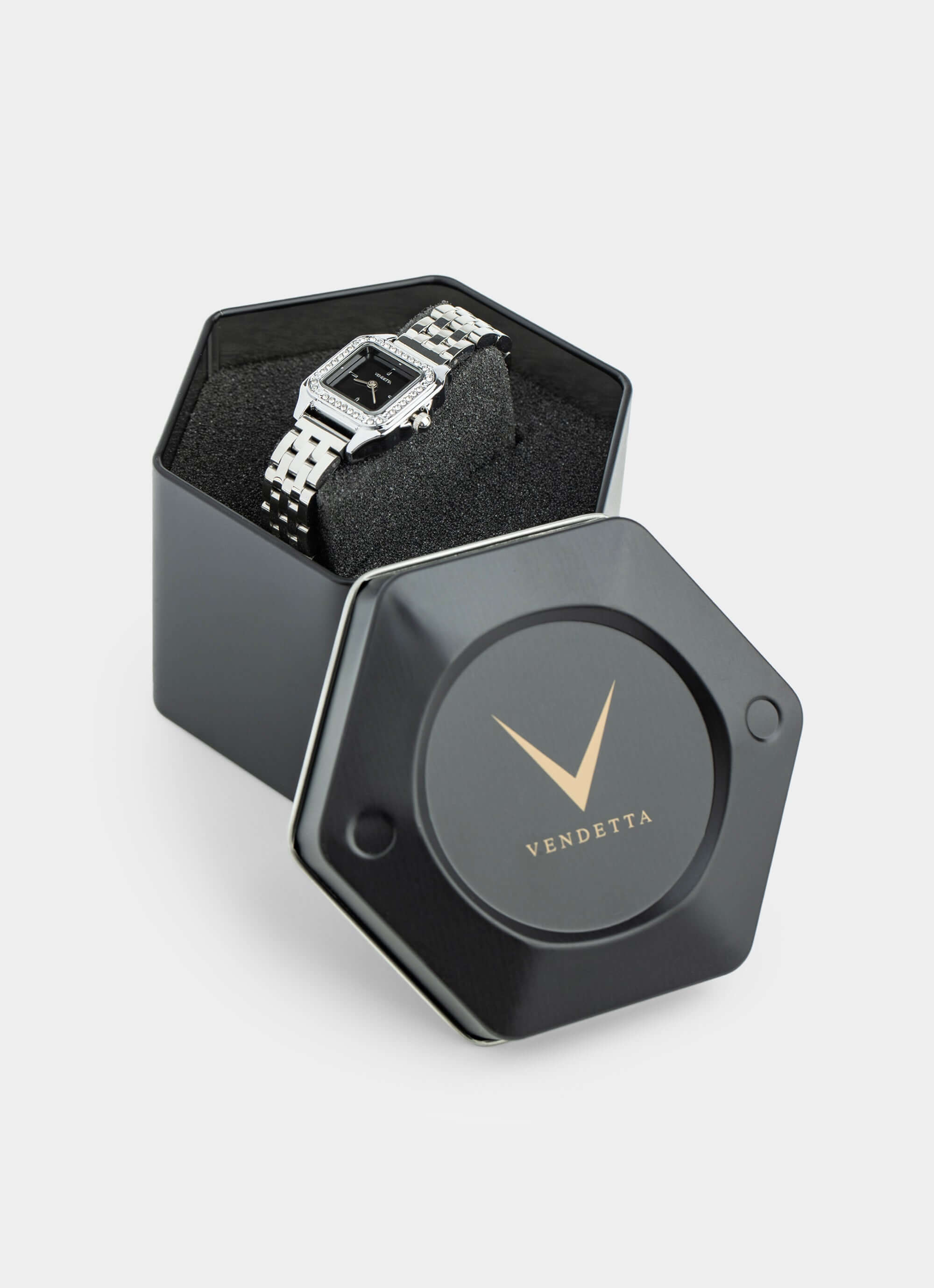 Silver watch – in hexagon box – Vendetta Jewellery
