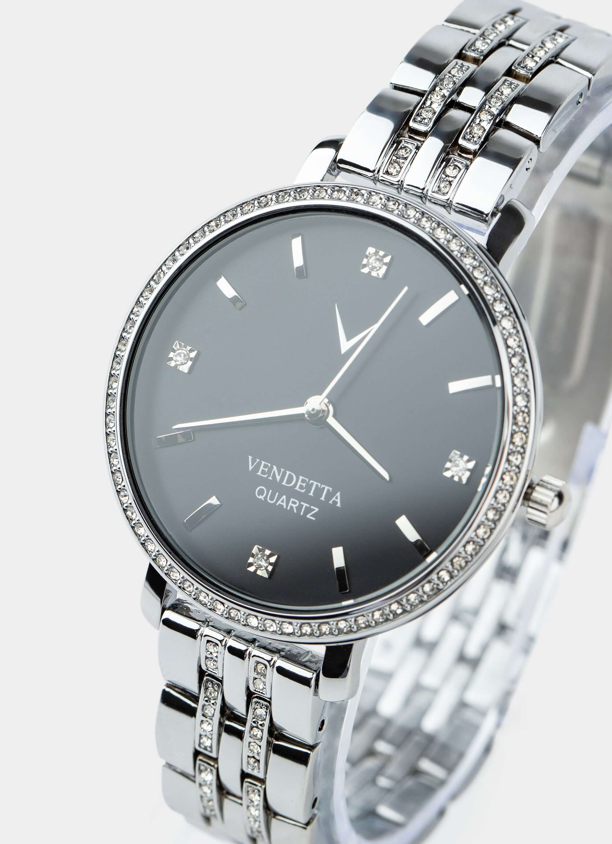 Silver watch – black face with crystal accents – Vendetta Jewellery