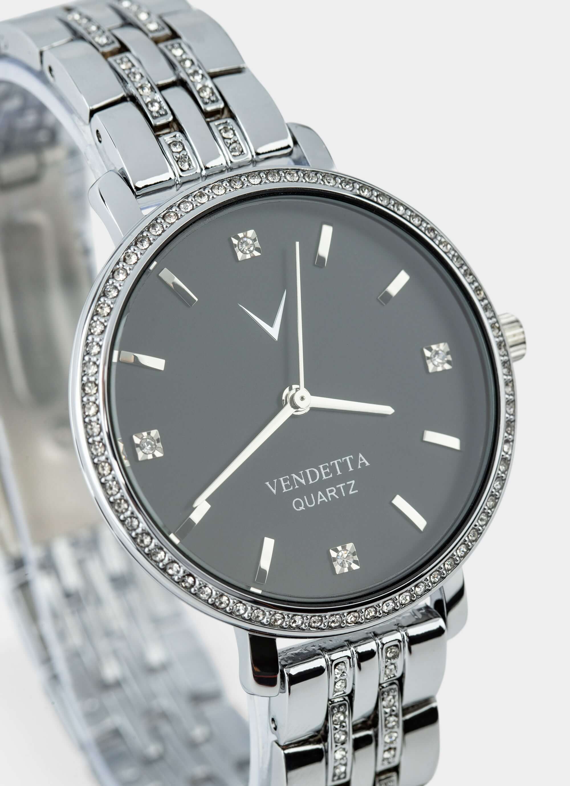 Silver watch – black face with diamonds – Vendetta Jewellery