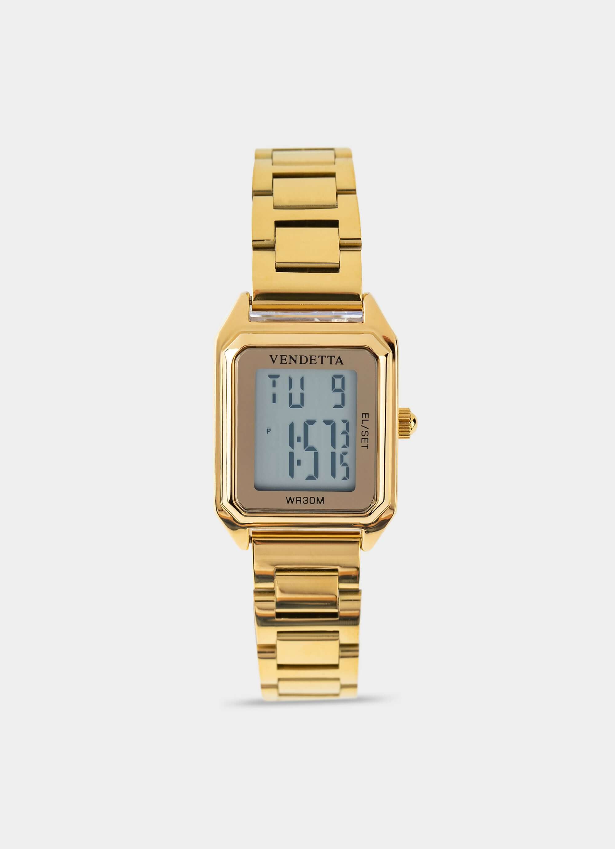 gold watch – digital display – Vendetta Jewellery