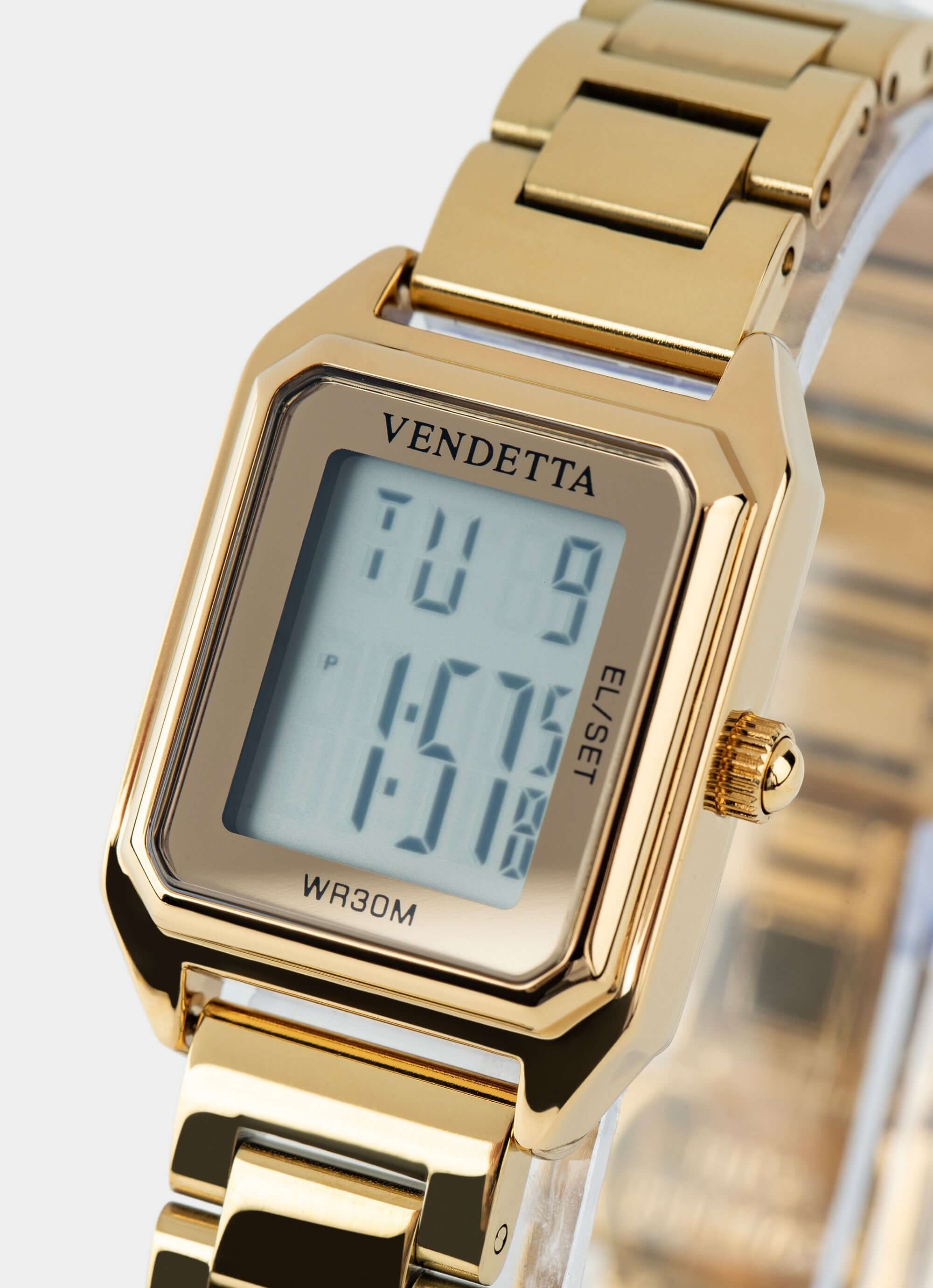 gold digital watch – square face with gold band – Vendetta Jewellery