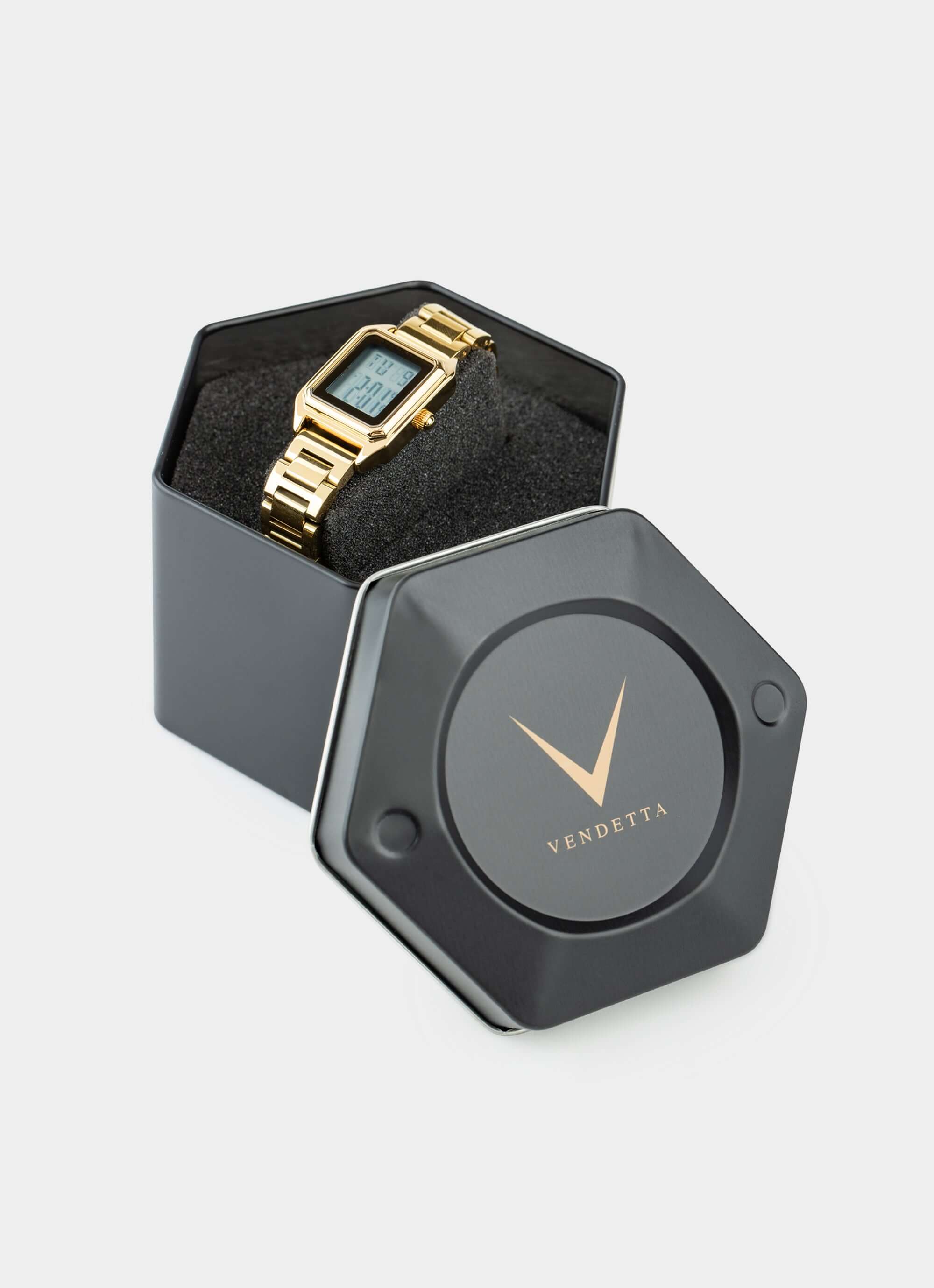 gold watch – in black hexagon box – Vendetta Jewellery