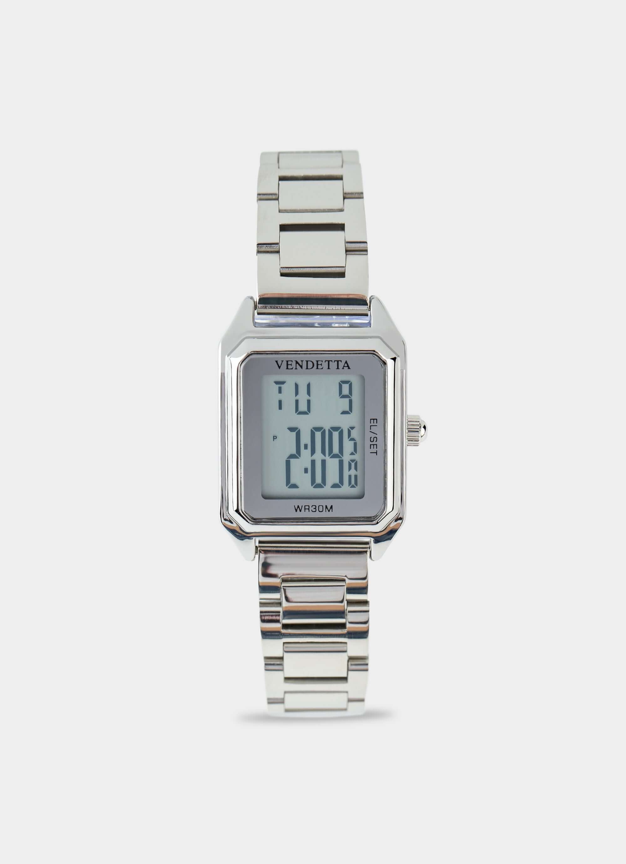 silver digital watch – square dial and bracelet – Vendetta Jewellery