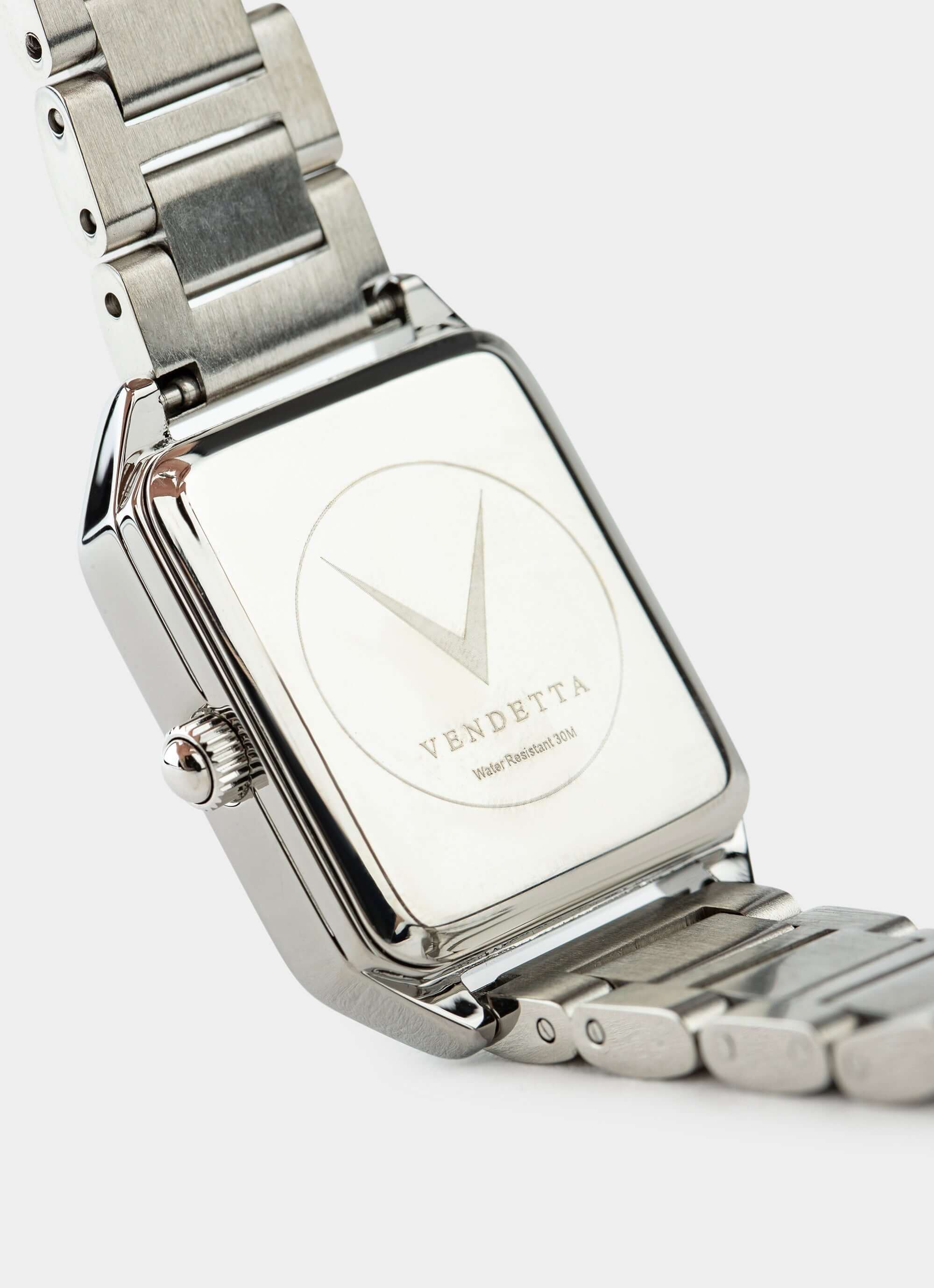 Silver watch – square dial and metal band – Vendetta Jewellery