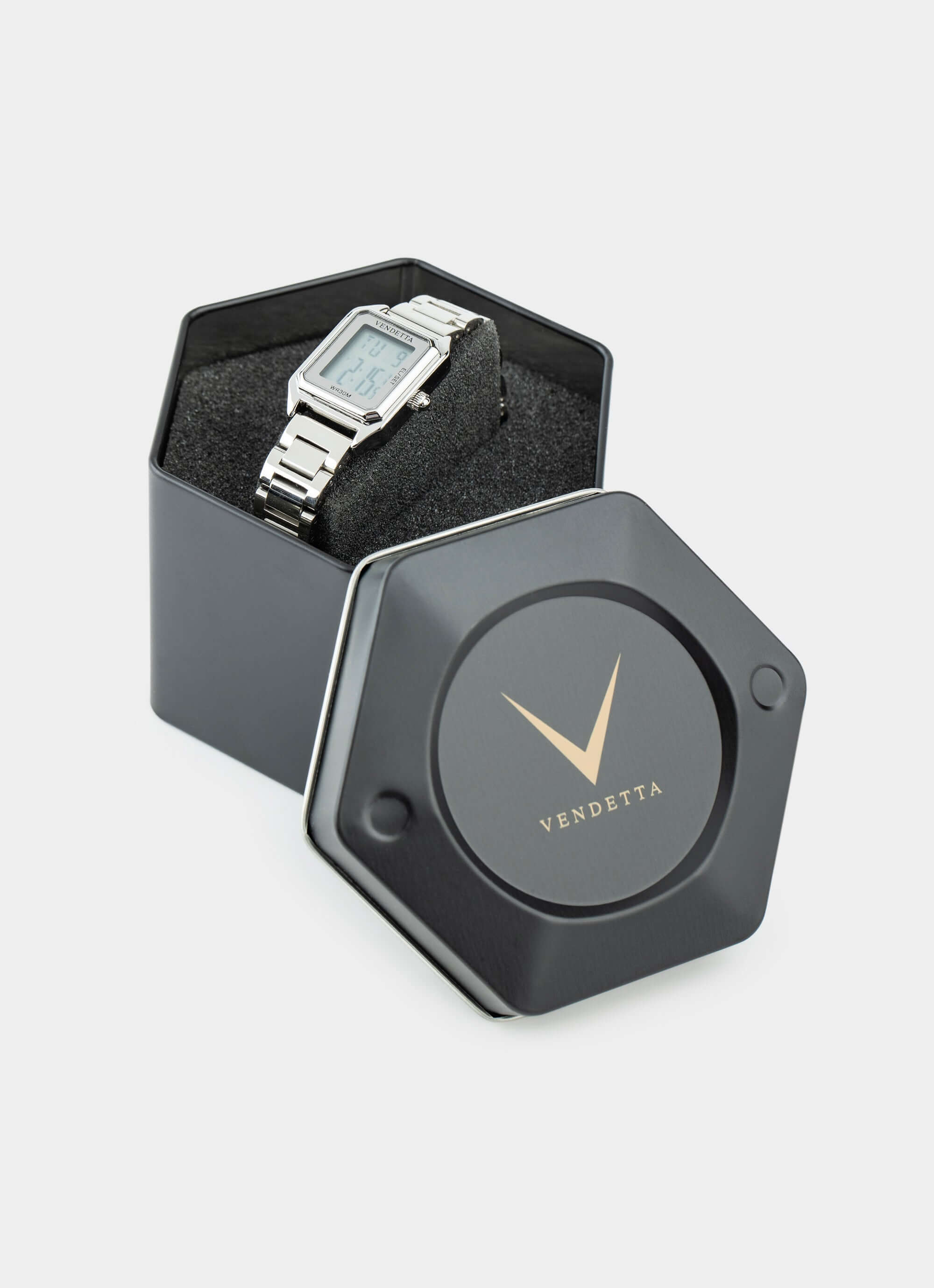 Silver watch – in hexagonal box – Vendetta Jewellery