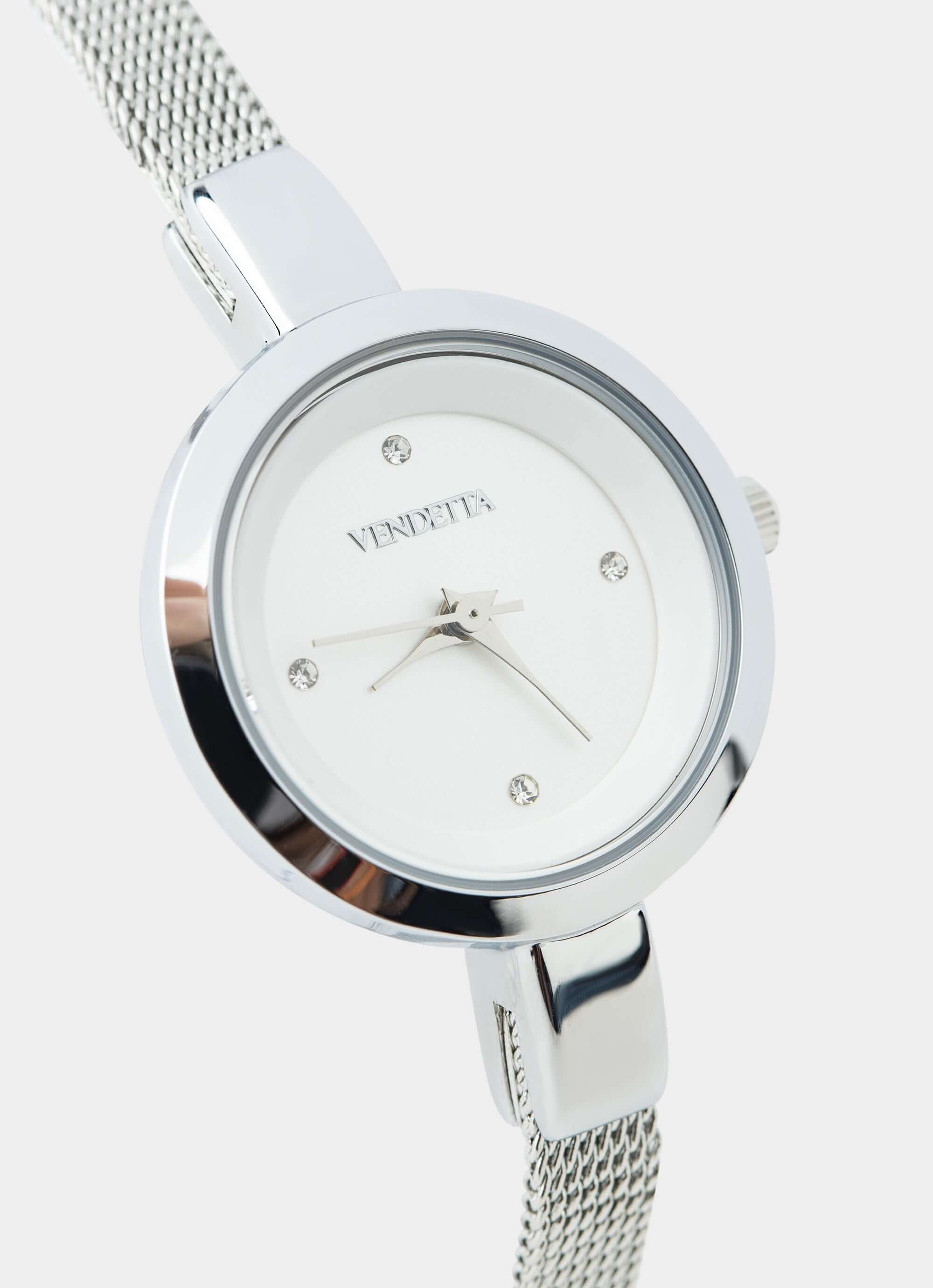 silver watch – white face with mesh band – Vendetta Jewellery