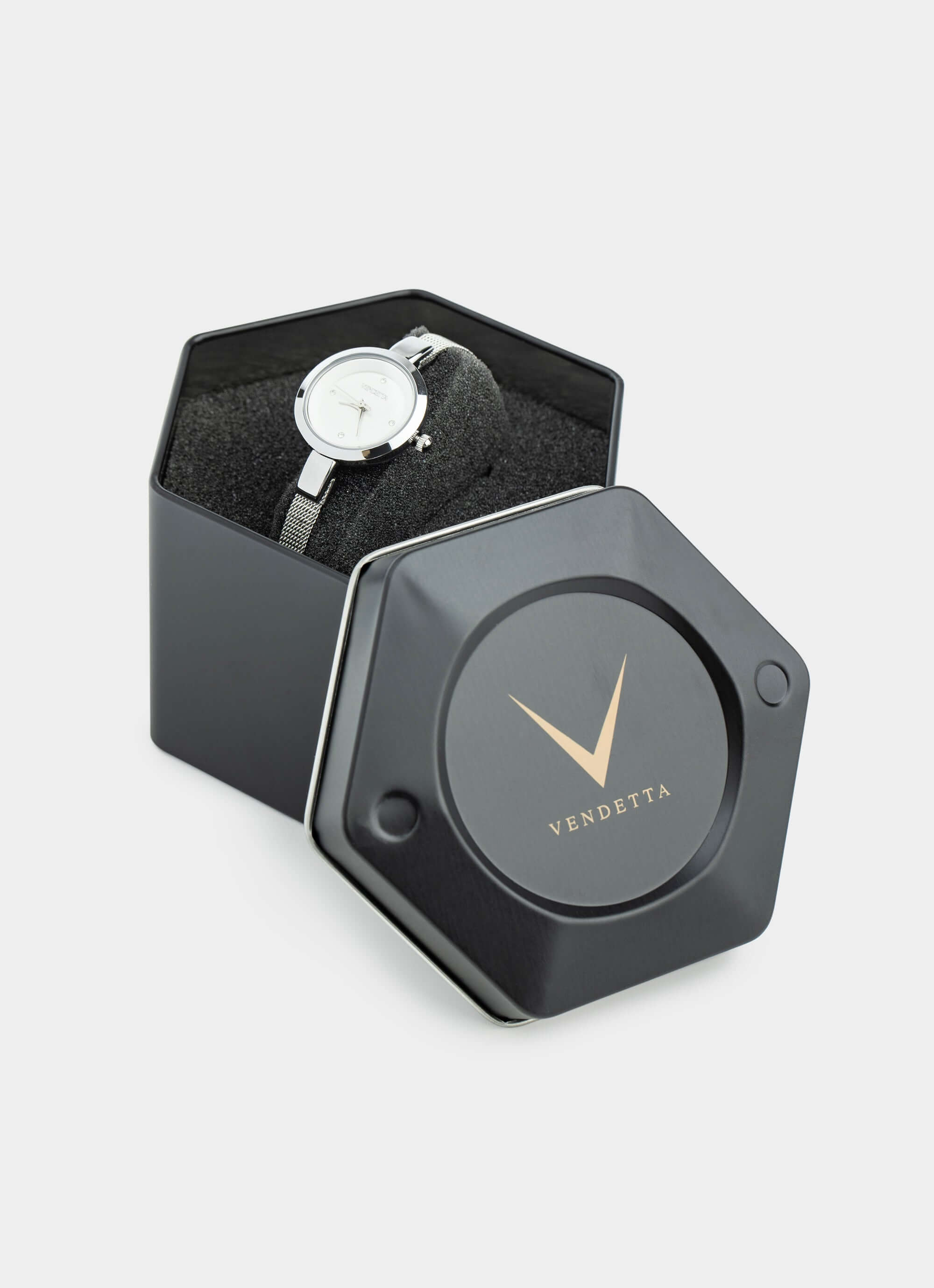 Silver watch – in hexagonal box – Vendetta Jewellery