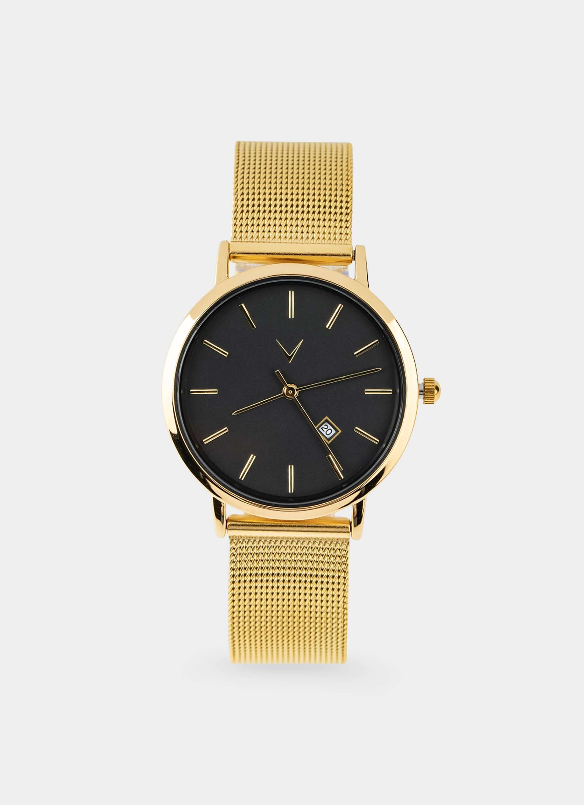 gold watch – black dial with mesh strap – Vendetta Jewellery