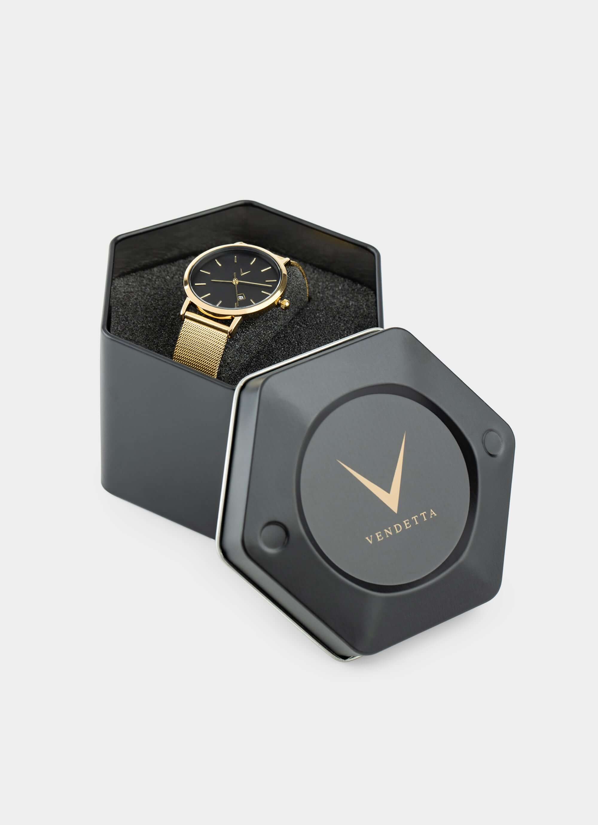 gold watch in hexagonal box – Vendetta Jewellery