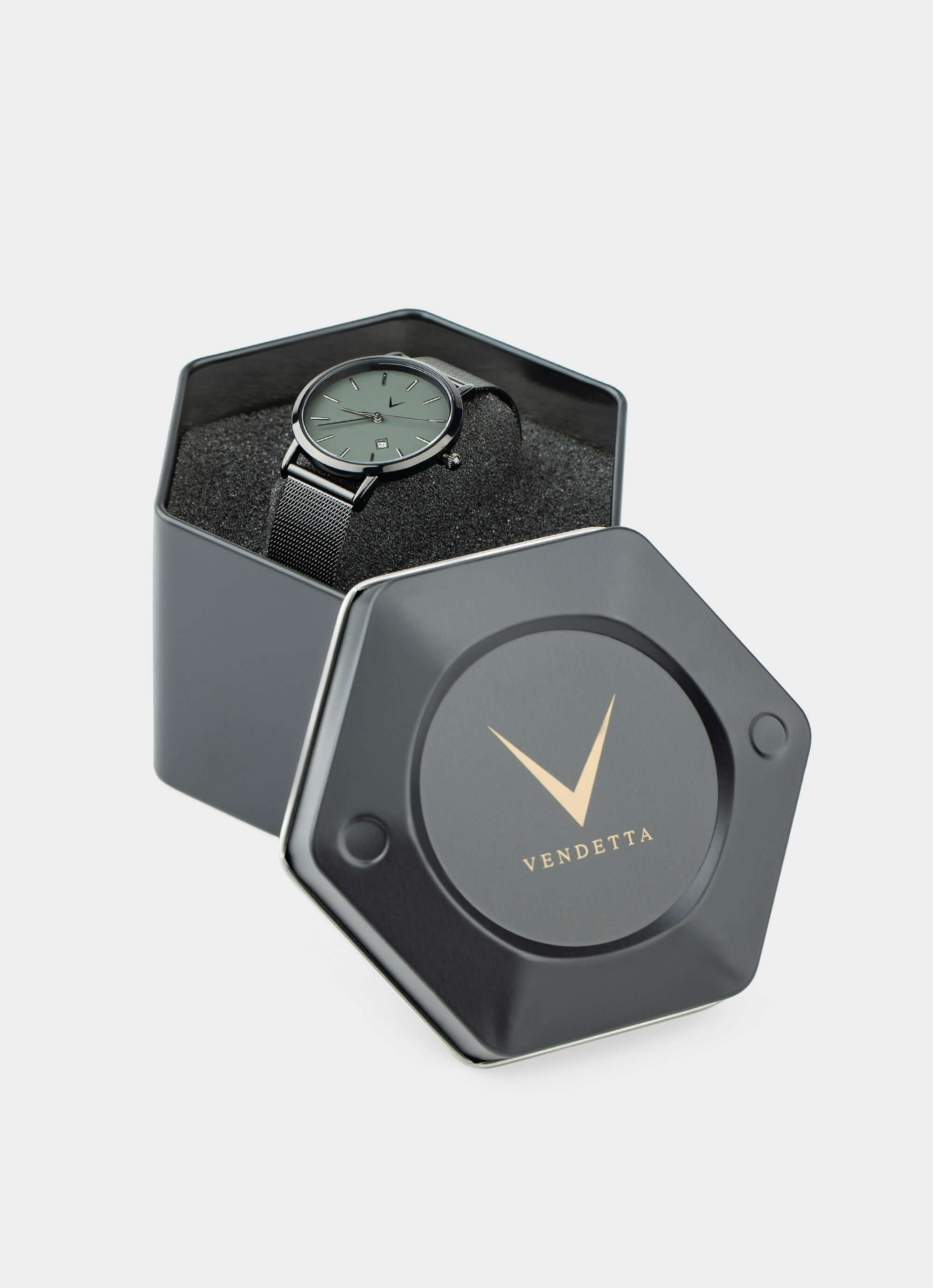 metal watch – green face, black strap – Vendetta Jewellery