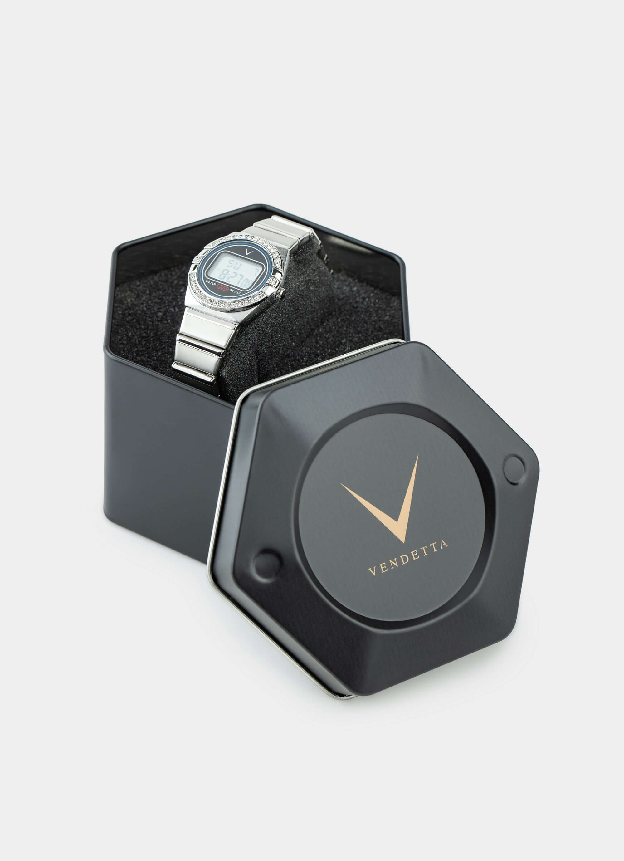 silver watch – in black hexagonal box – Vendetta Jewellery