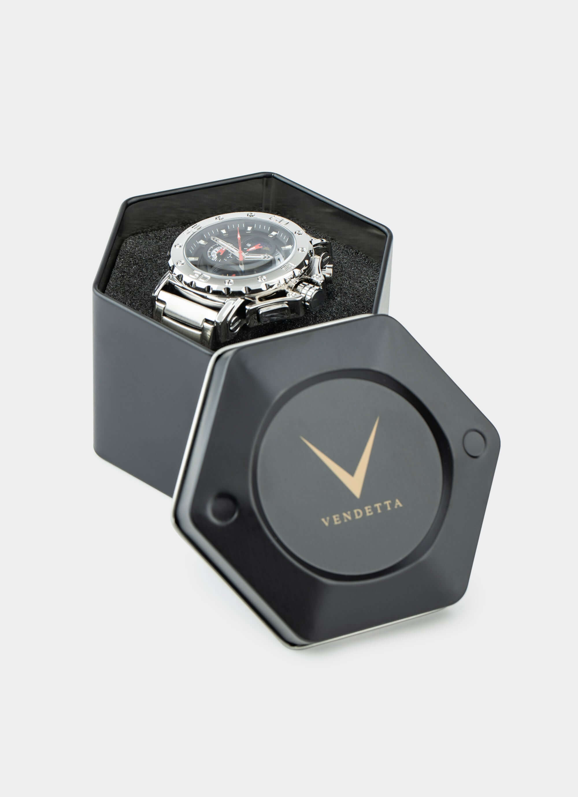 Obelisk Watch - Silver/Black – displayed in hexagon box – Vendetta Jewellery