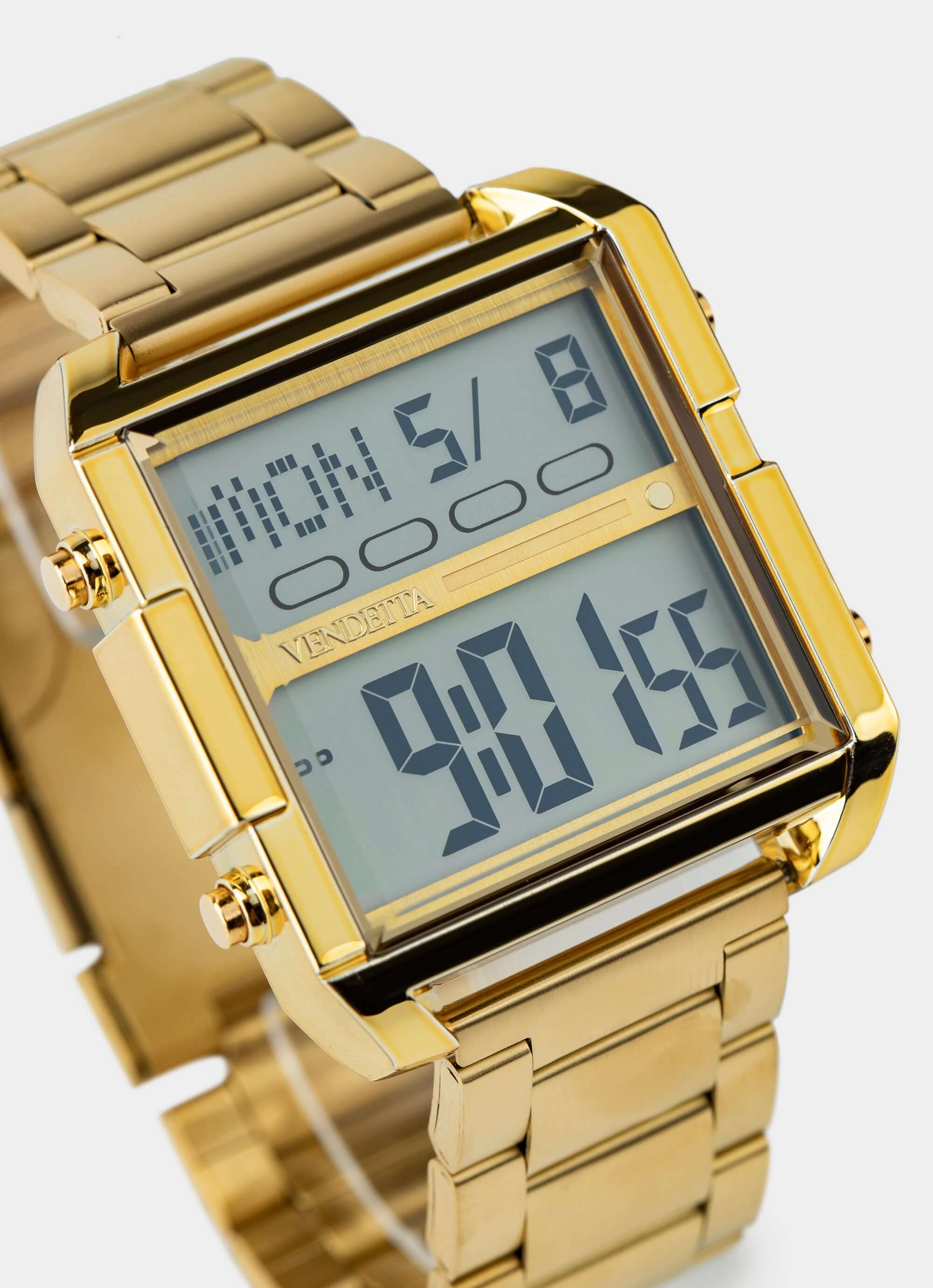 Gold digital watch – square face with gold strap – Vendetta Jewellery