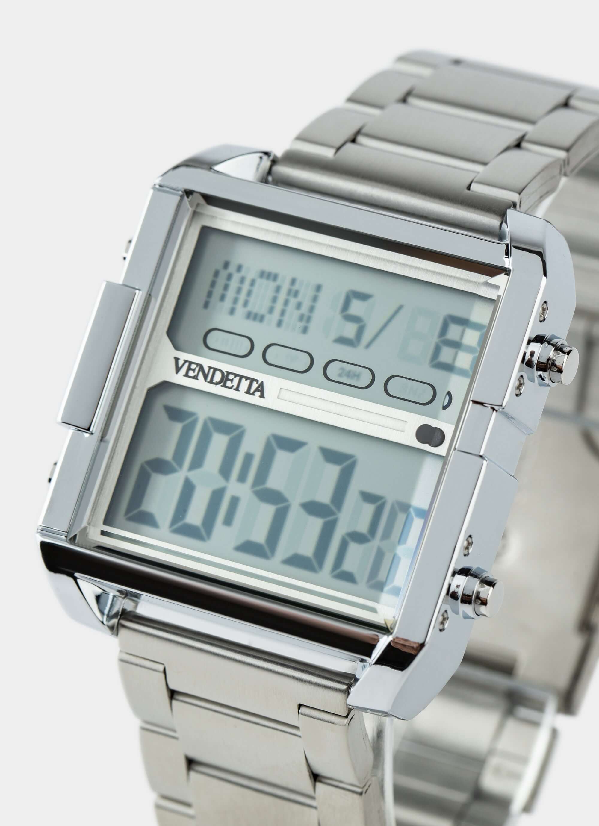 metal digital watch – silver rectangular face – Vendetta Jewellery