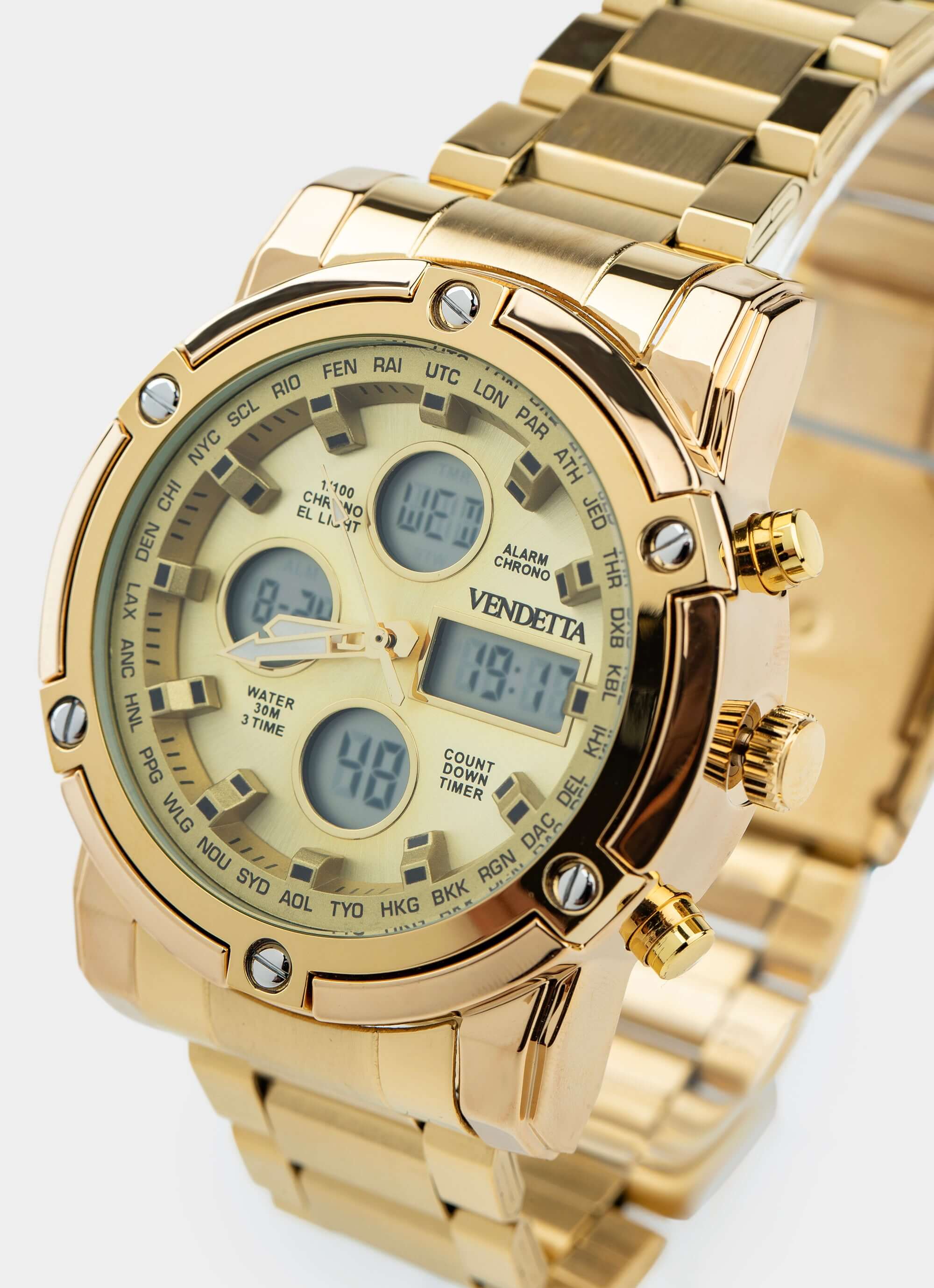 gold watch – digital display – Vendetta Jewellery
