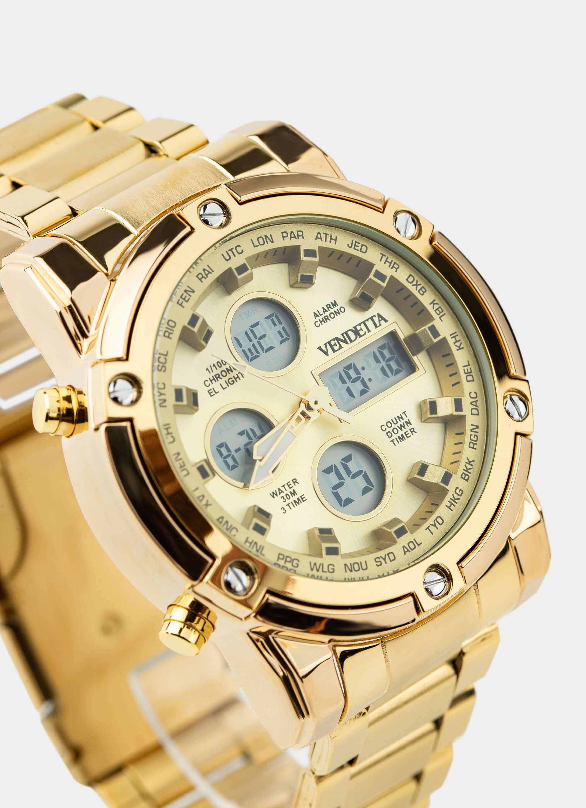 Gold watch – digital face with gold band – Vendetta Jewellery