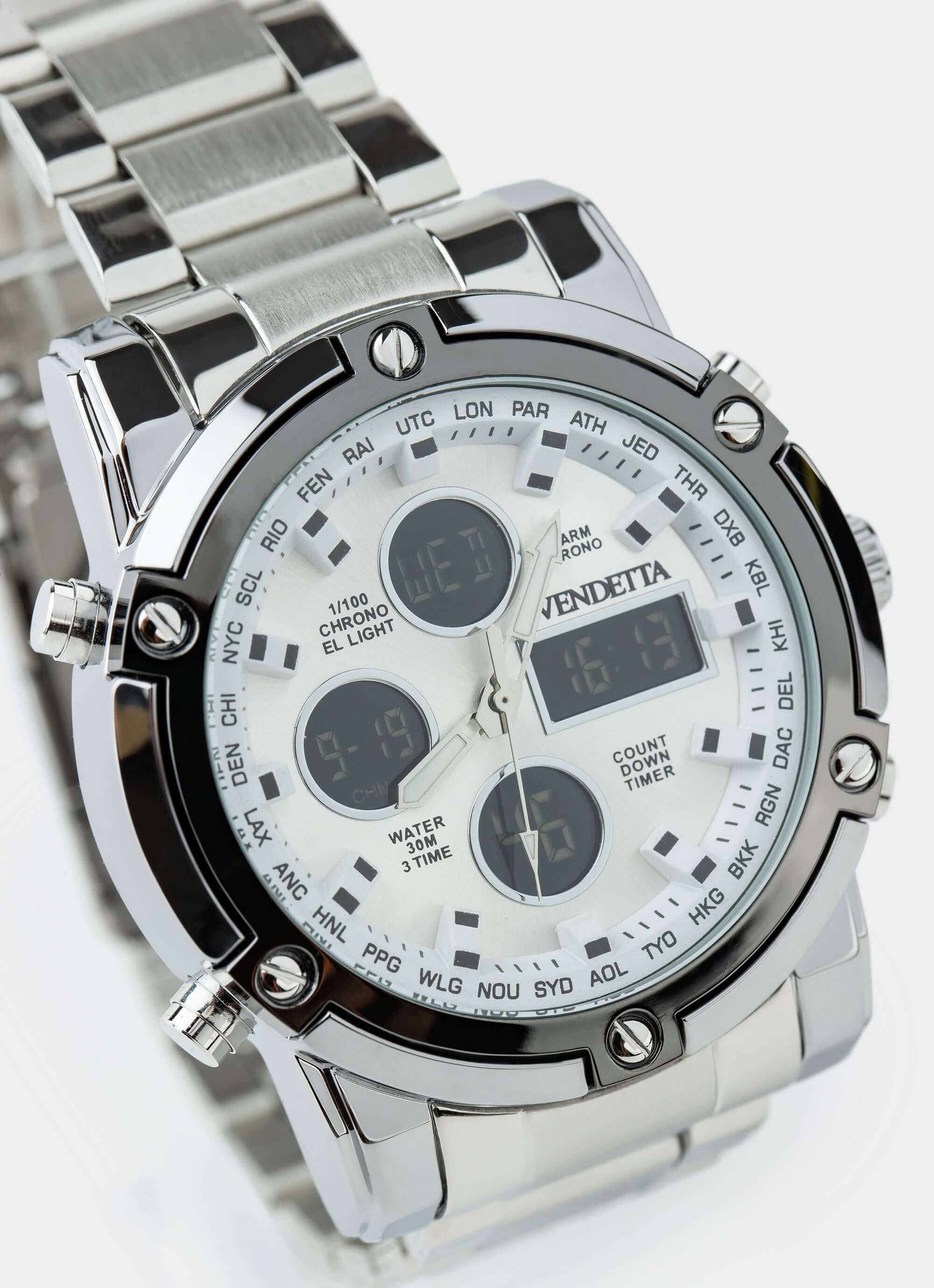 silver and black watch – digital display – Vendetta Jewellery
