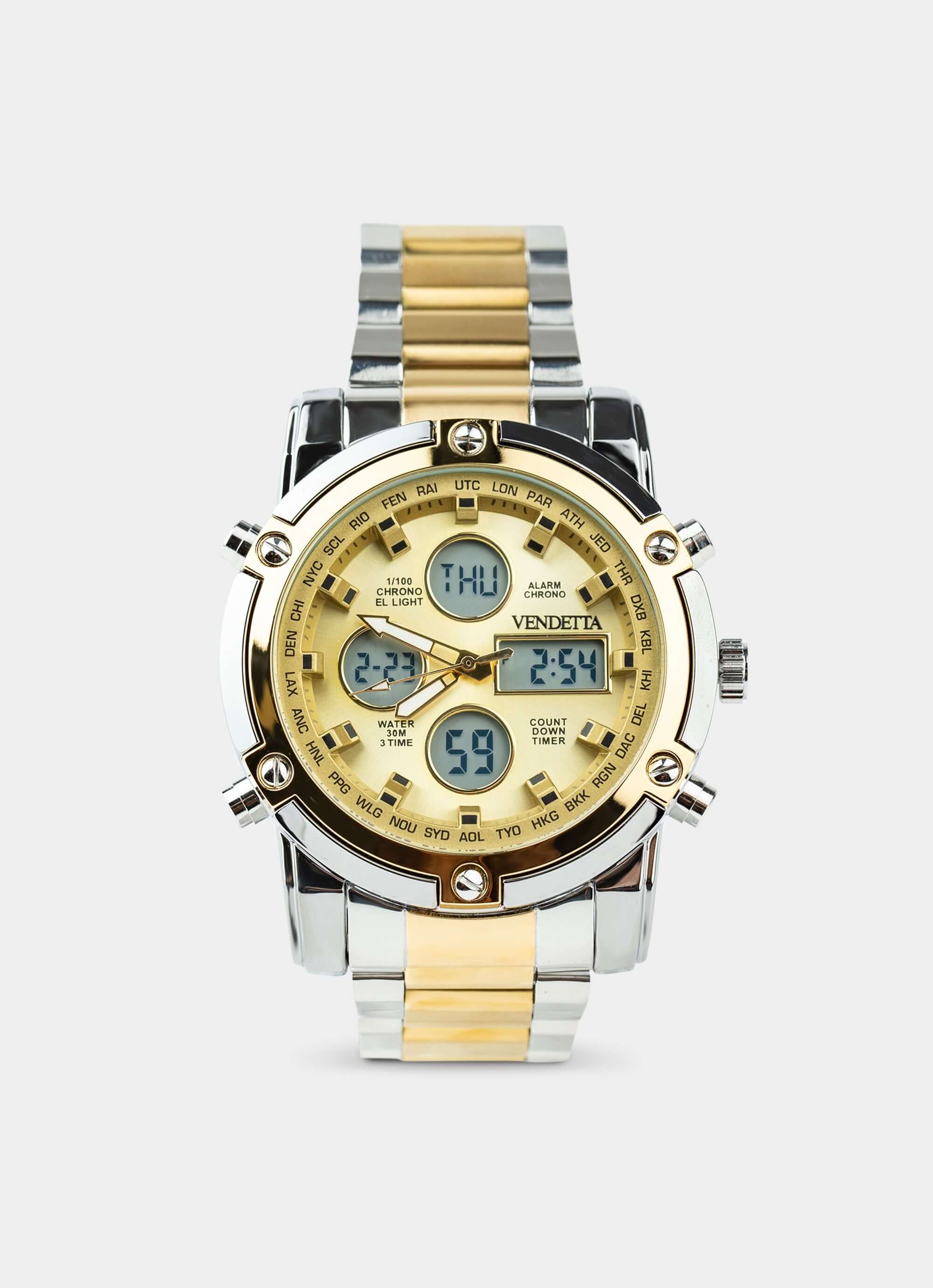 Stainless steel Titan Watch - Silver/Gold with digital display - Vendetta Jewellery