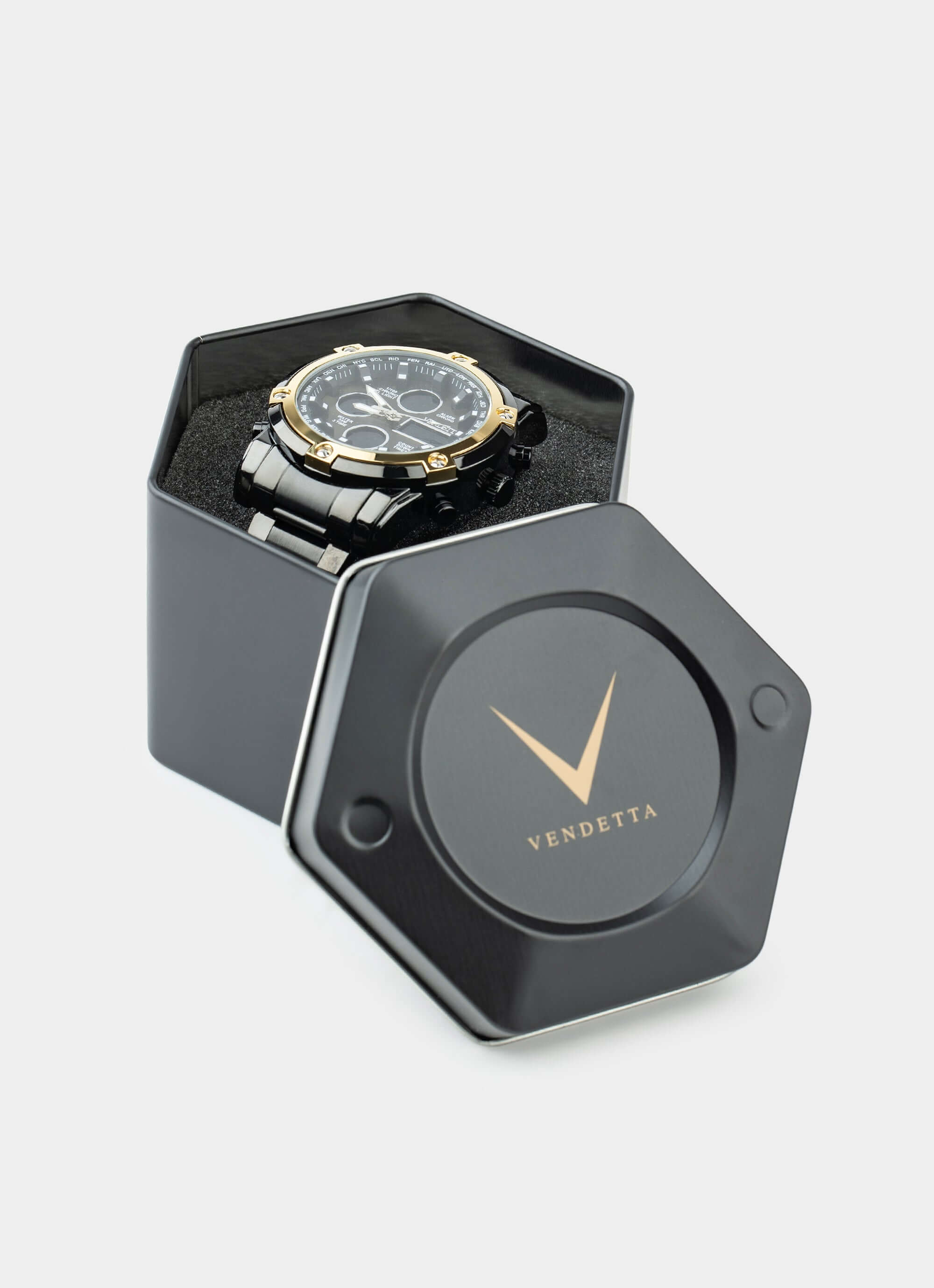 metal watch – black/gold in display box – Vendetta Jewellery