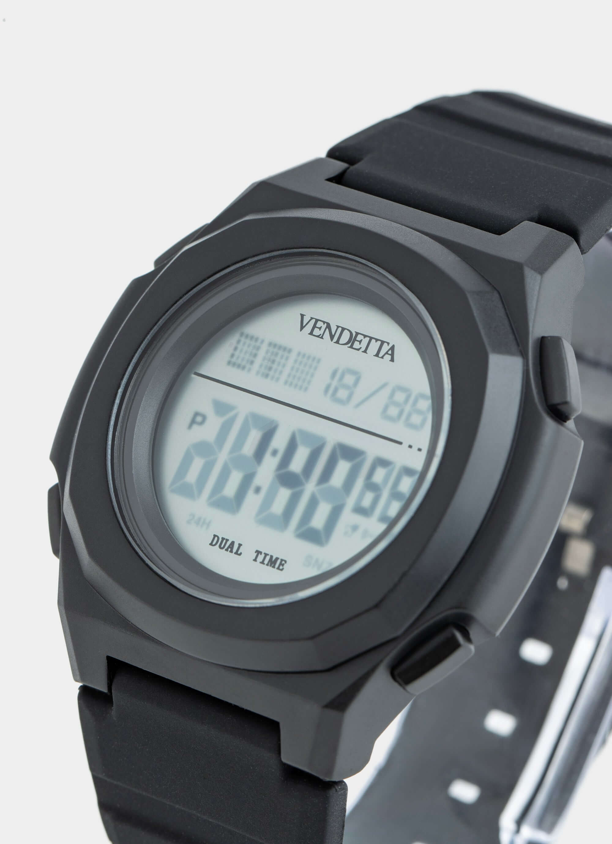 silicone digital watch – black case with dual time – Vendetta Jewellery