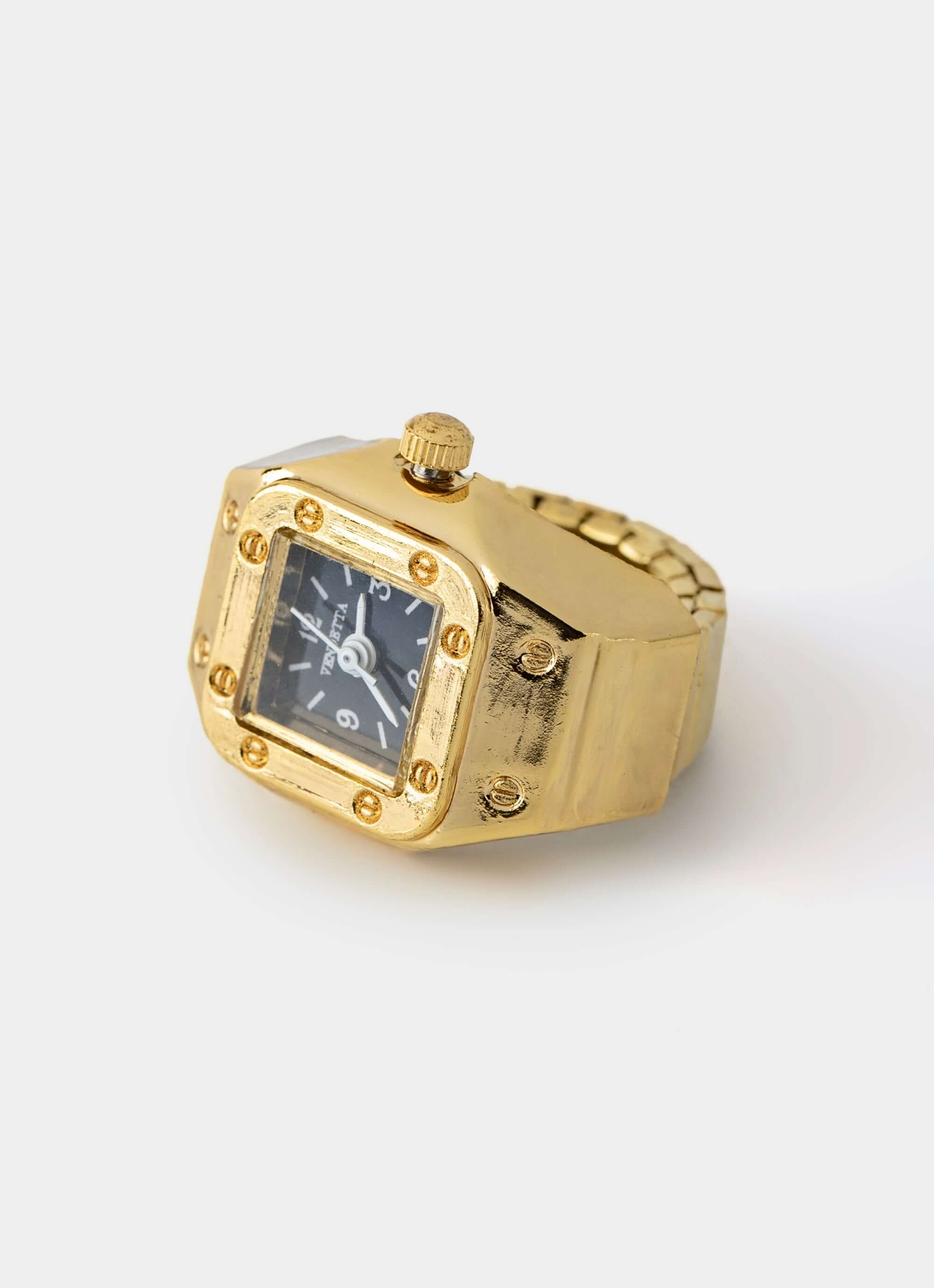 gold watch ring – functional square timepiece – Vendetta Jewellery