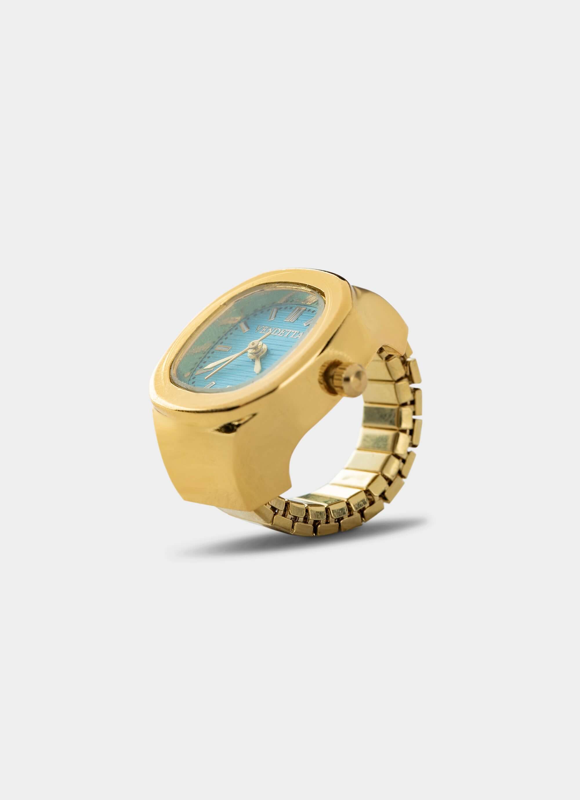 gold watch ring – adjustable band and blue face – Vendetta Jewellery