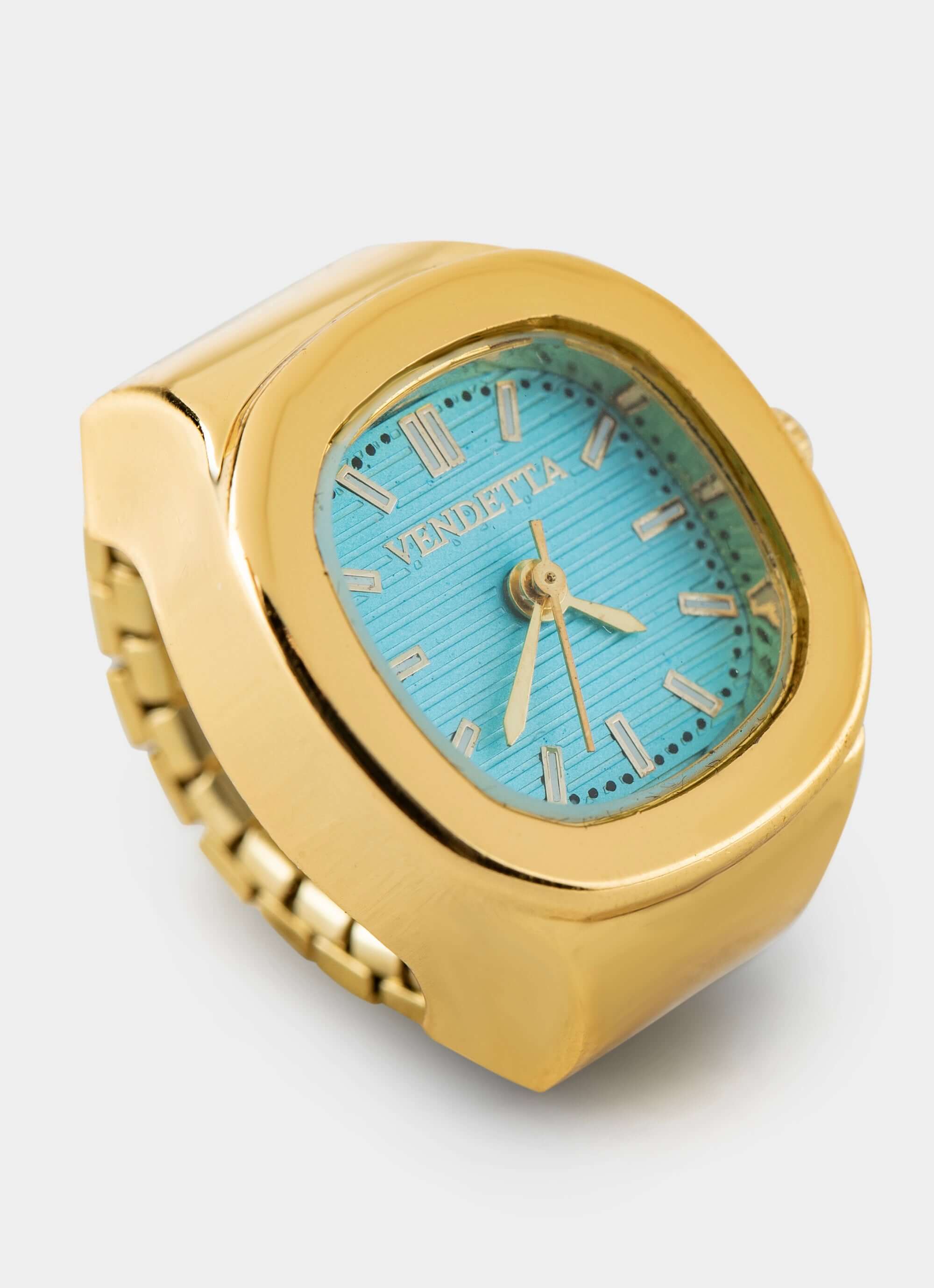 gold watch ring – blue dial and adjustable band – Vendetta Jewellery